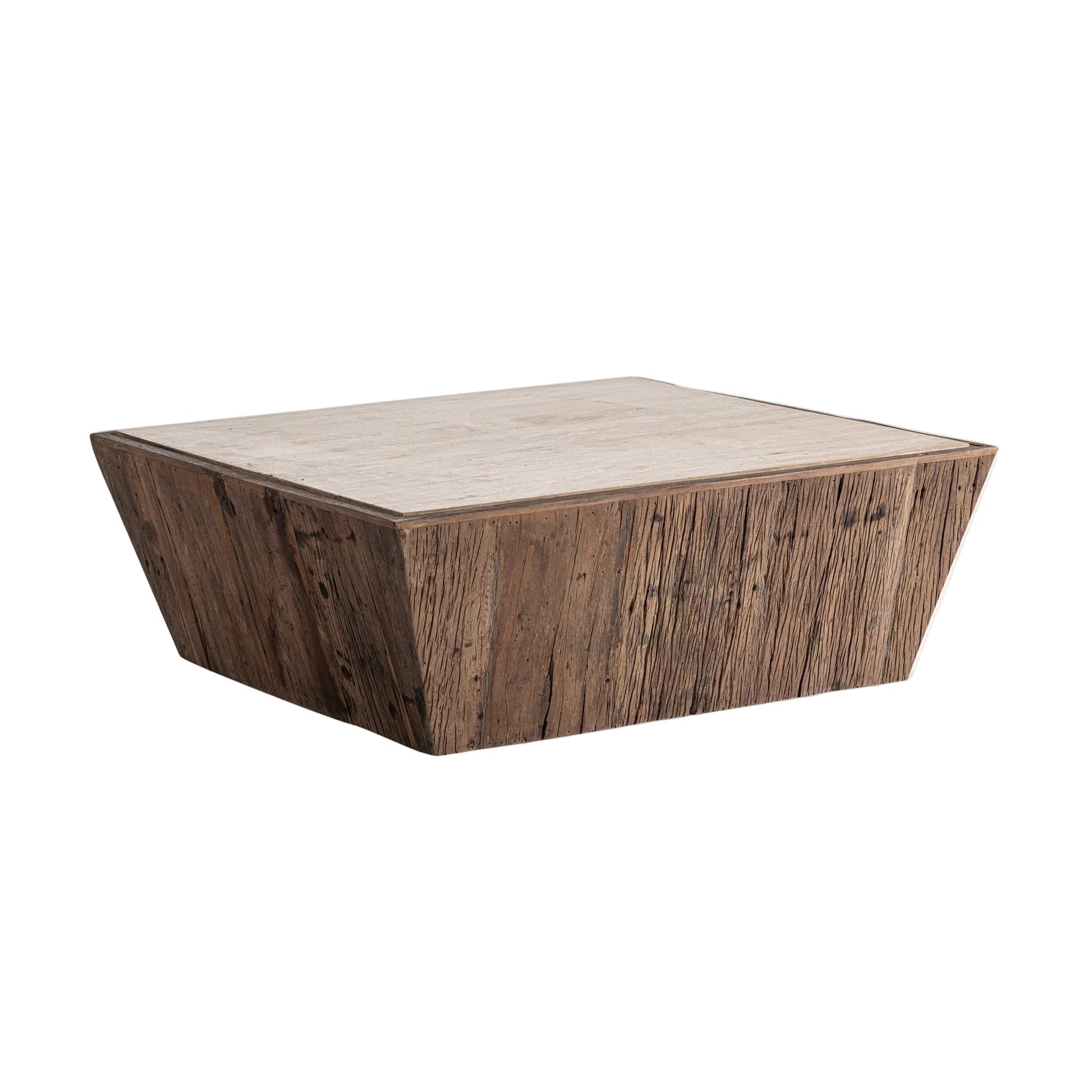 Kaffeetisch MERKEM aus recyceltem Holz mit Travertinplatte