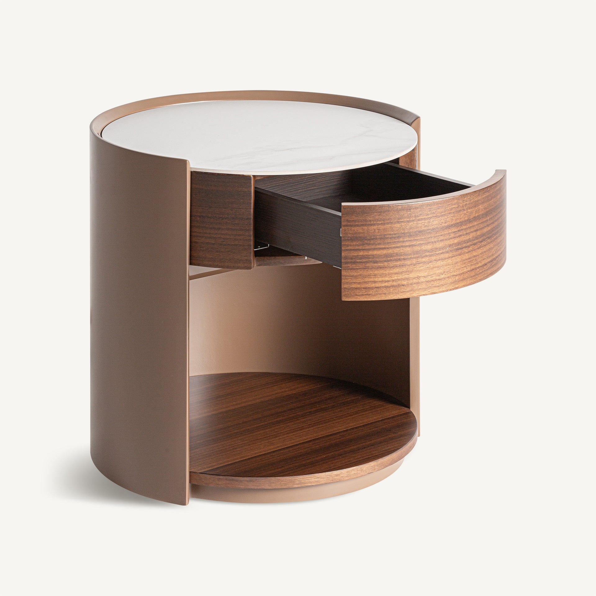 Nachtkastje GISWIL van eucalyptusfineer met beige afwerking