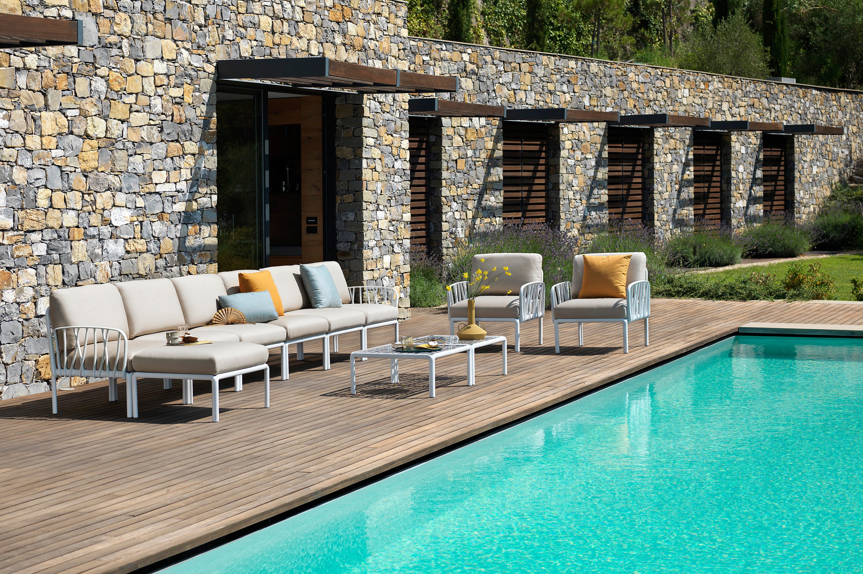 Modular Outdoor Corner Sofa KOMODO 5 Beige Sunbrella® with White Base