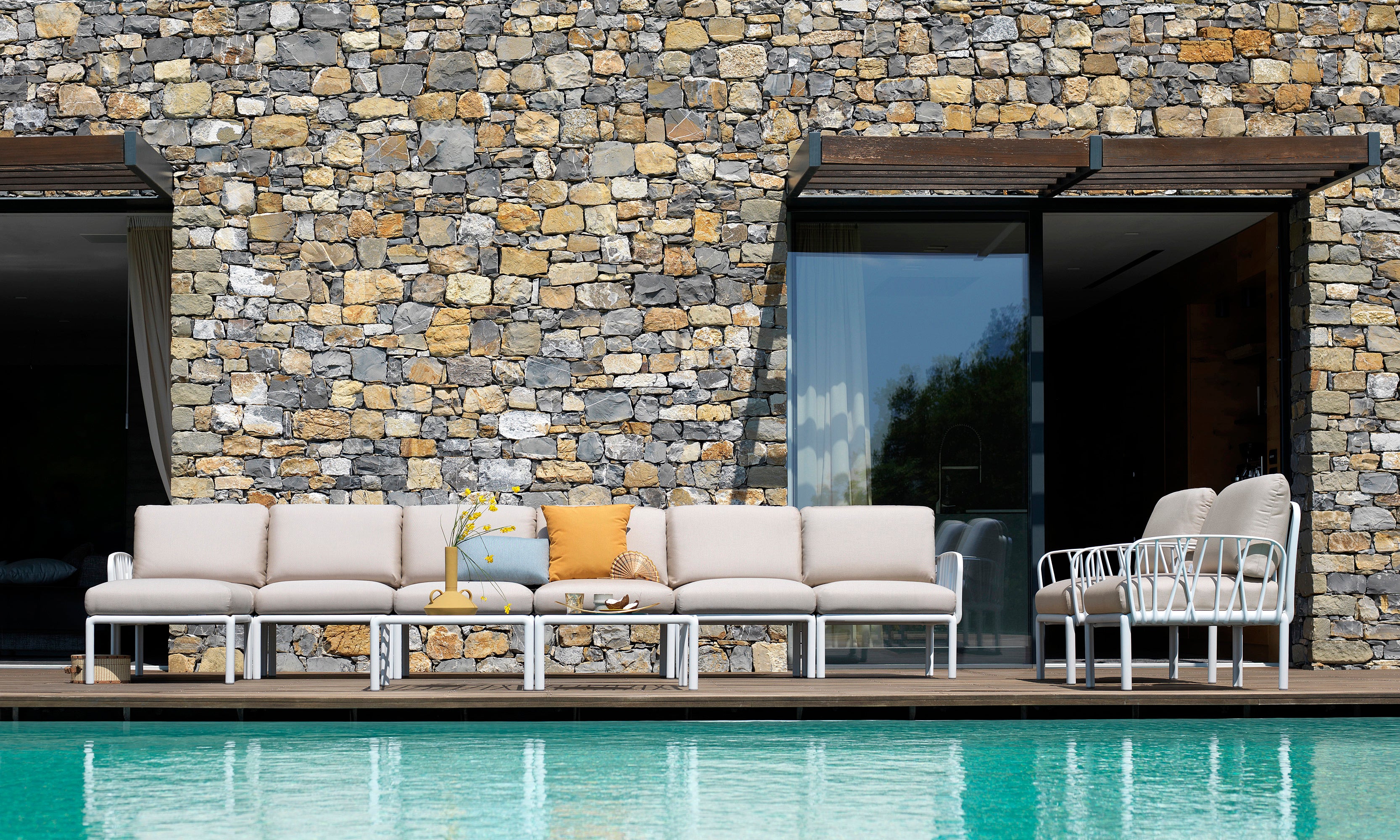 Modular Outdoor Corner Sofa KOMODO 5 Beige Sunbrella® with White Base