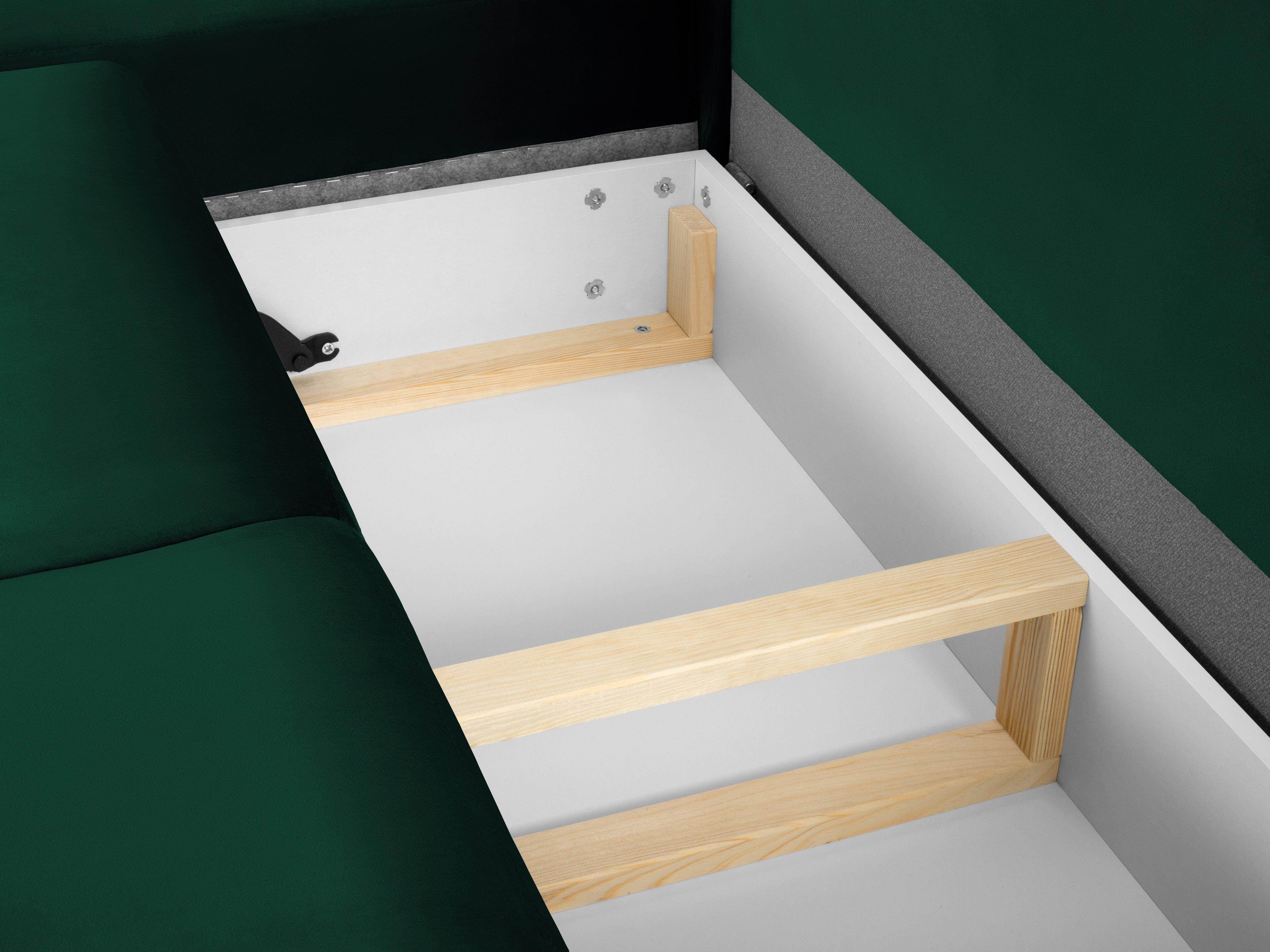 Narożnik 5-osobowy lewostronny z funkcją spania KYOTO butelkowa zieleń z czarną podstawą Cosmopolitan Design Eye on Design