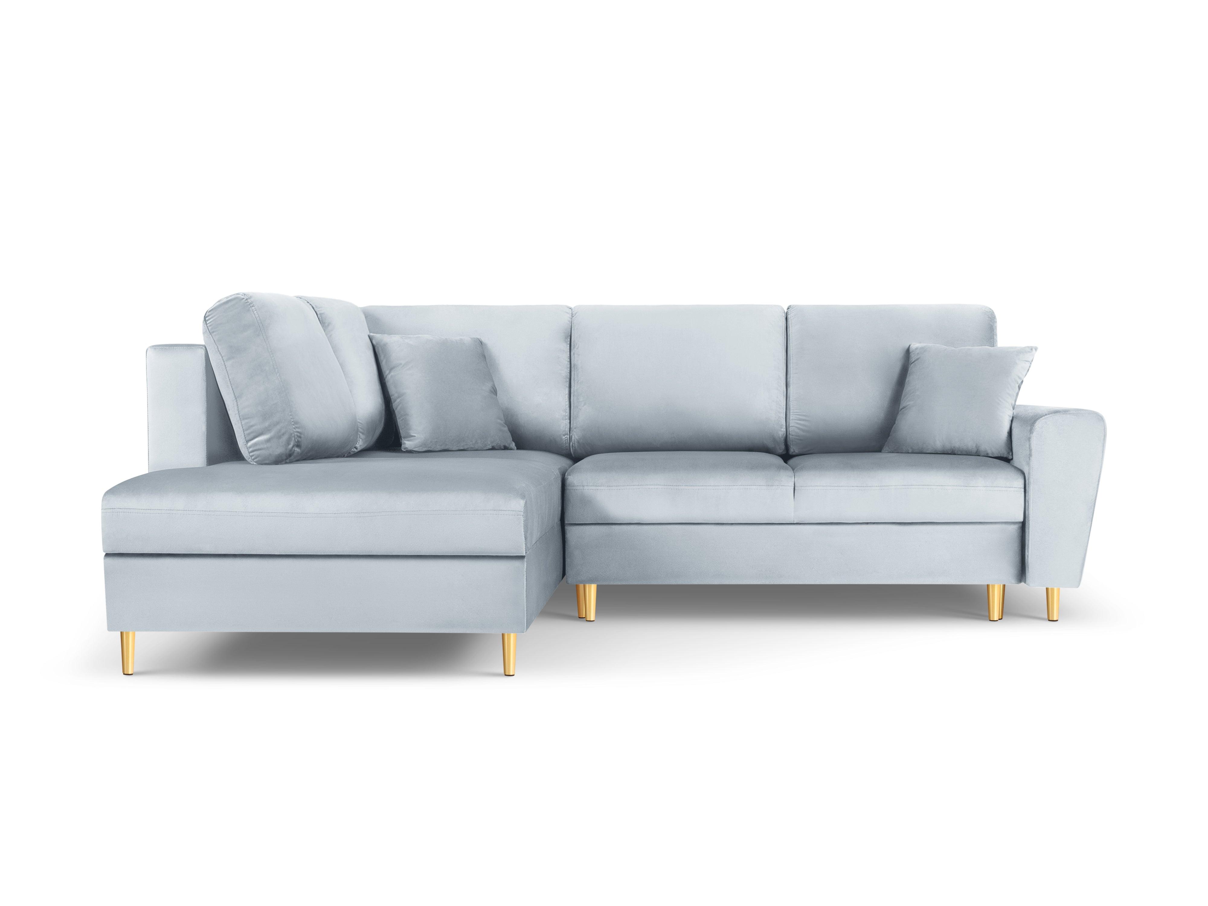 Narożnik 5-osobowy lewostronny z funkcją spania KYOTO jasnoniebieski ze złotą podstawą Cosmopolitan Design Eye on Design