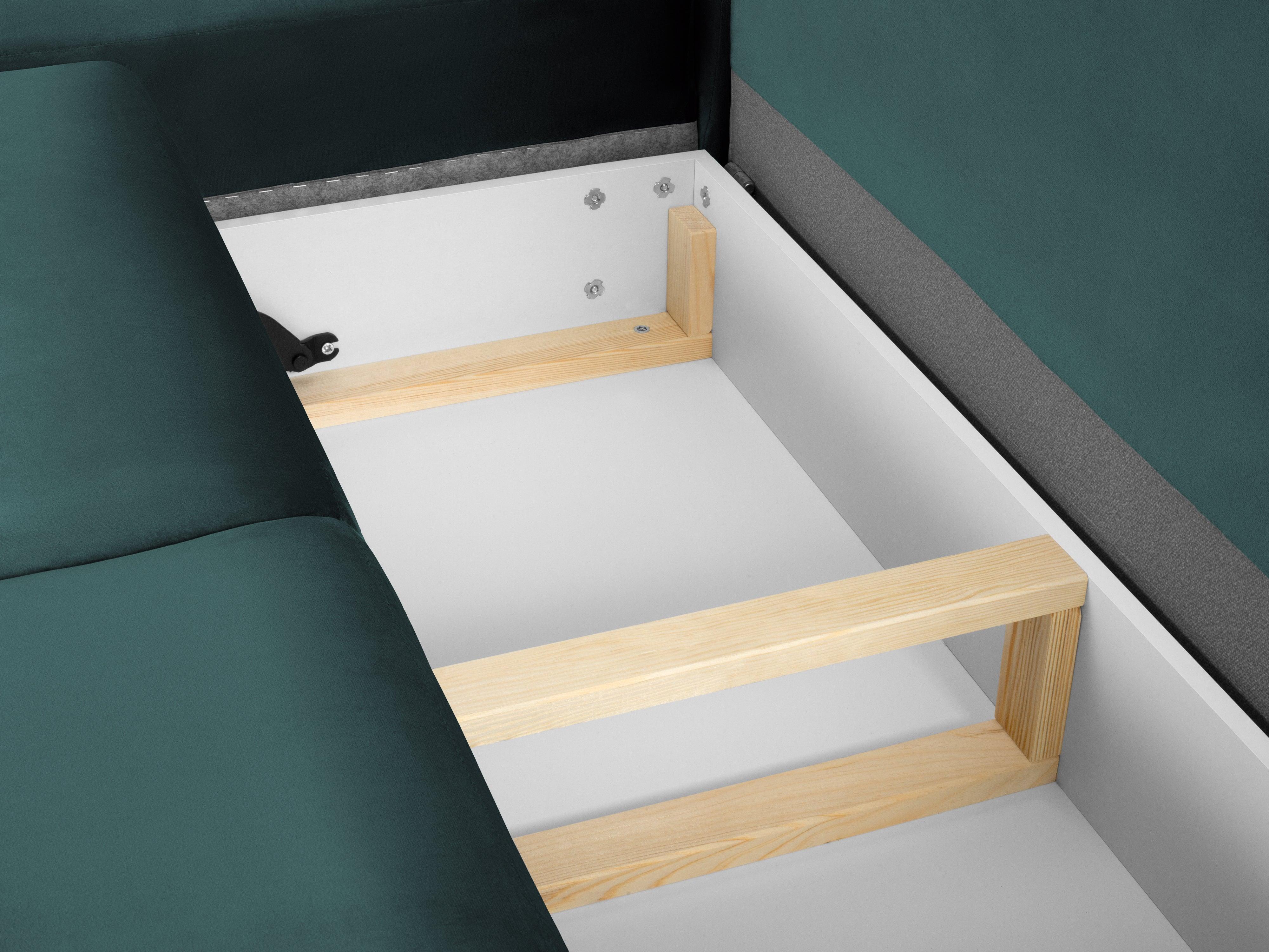 Narożnik 5-osobowy lewostronny z funkcją spania KYOTO petrol ze złotą podstawą Cosmopolitan Design Eye on Design