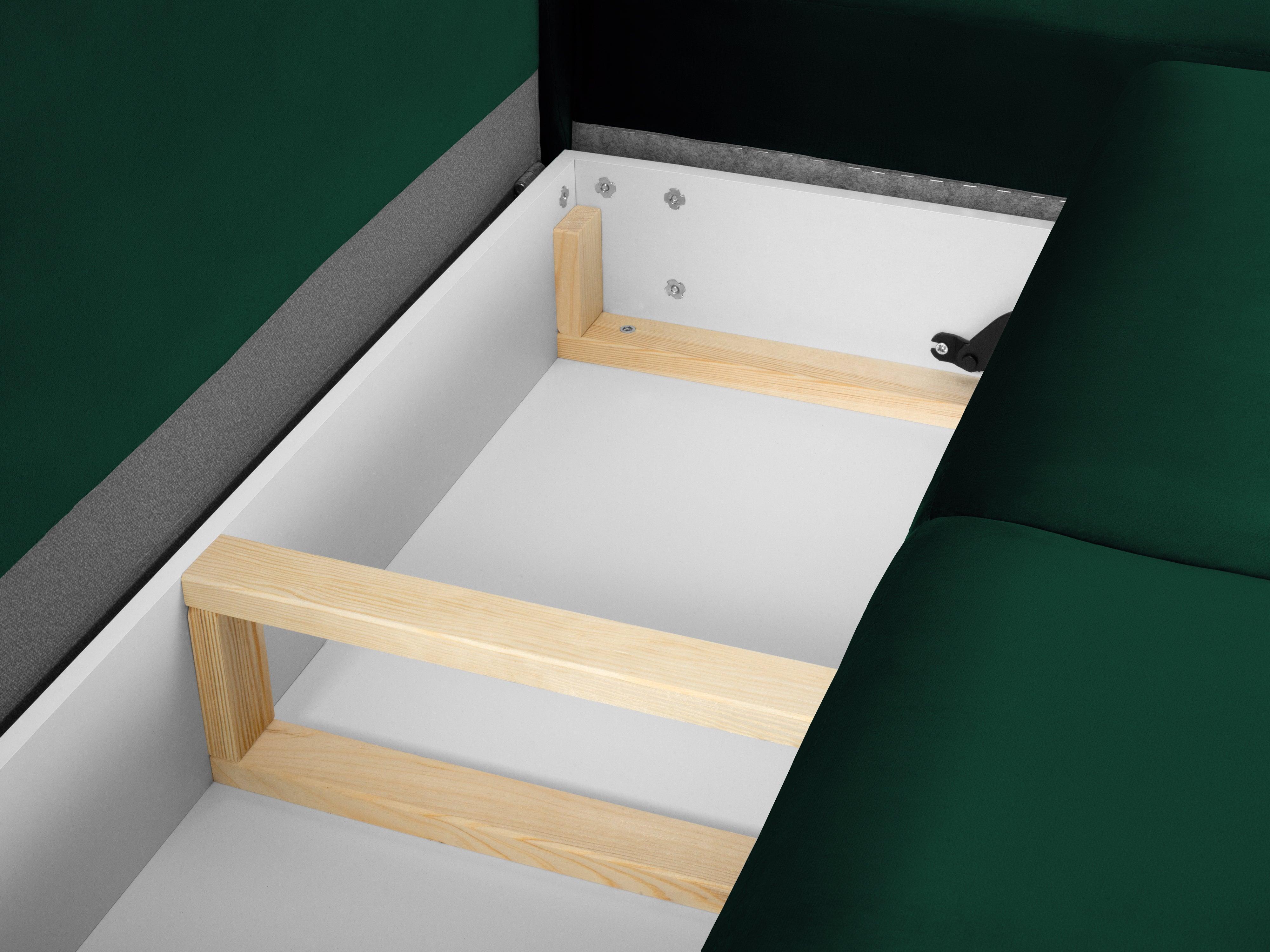 Narożnik 5-osobowy prawostronny z funkcją spania KYOTO butelkowa zieleń z czarną podstawą Cosmopolitan Design Eye on Design