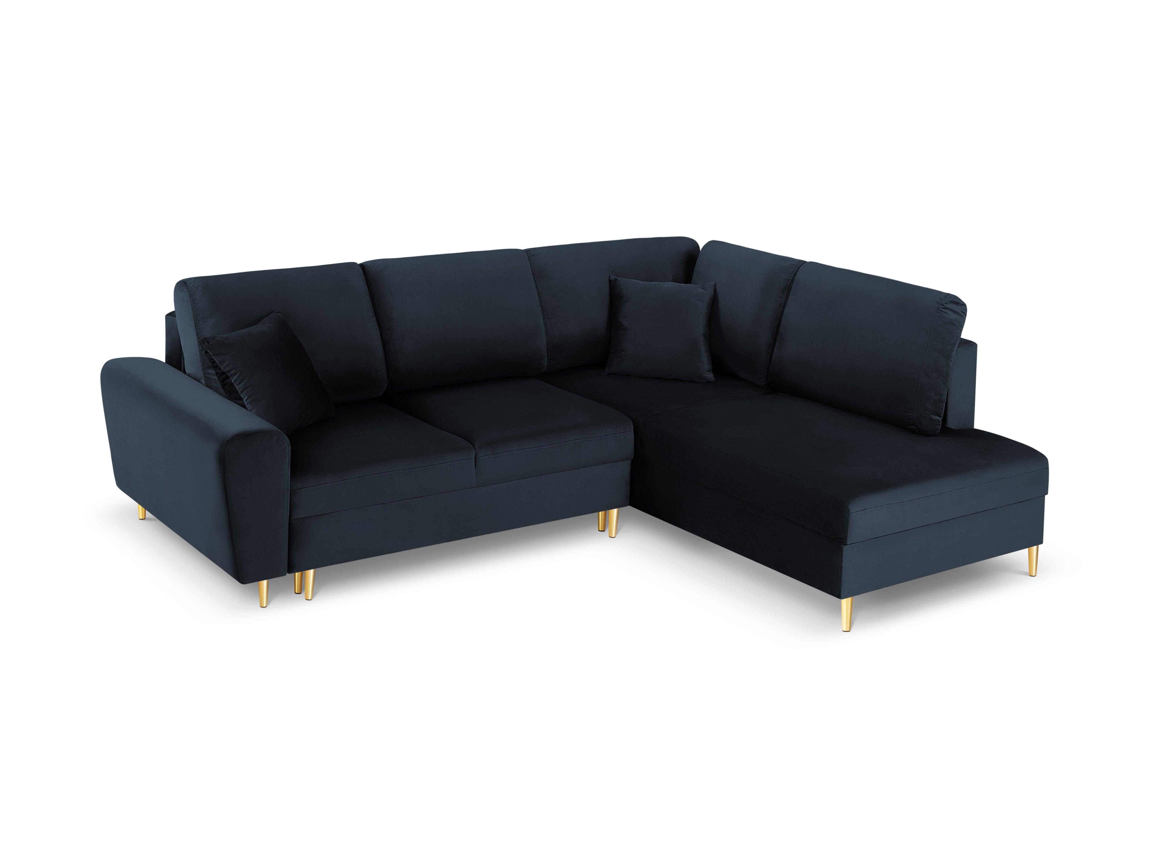 Narożnik 5-osobowy prawostronny z funkcją spania KYOTO ciemnoniebieski ze złotą podstawą Cosmopolitan Design Eye on Design