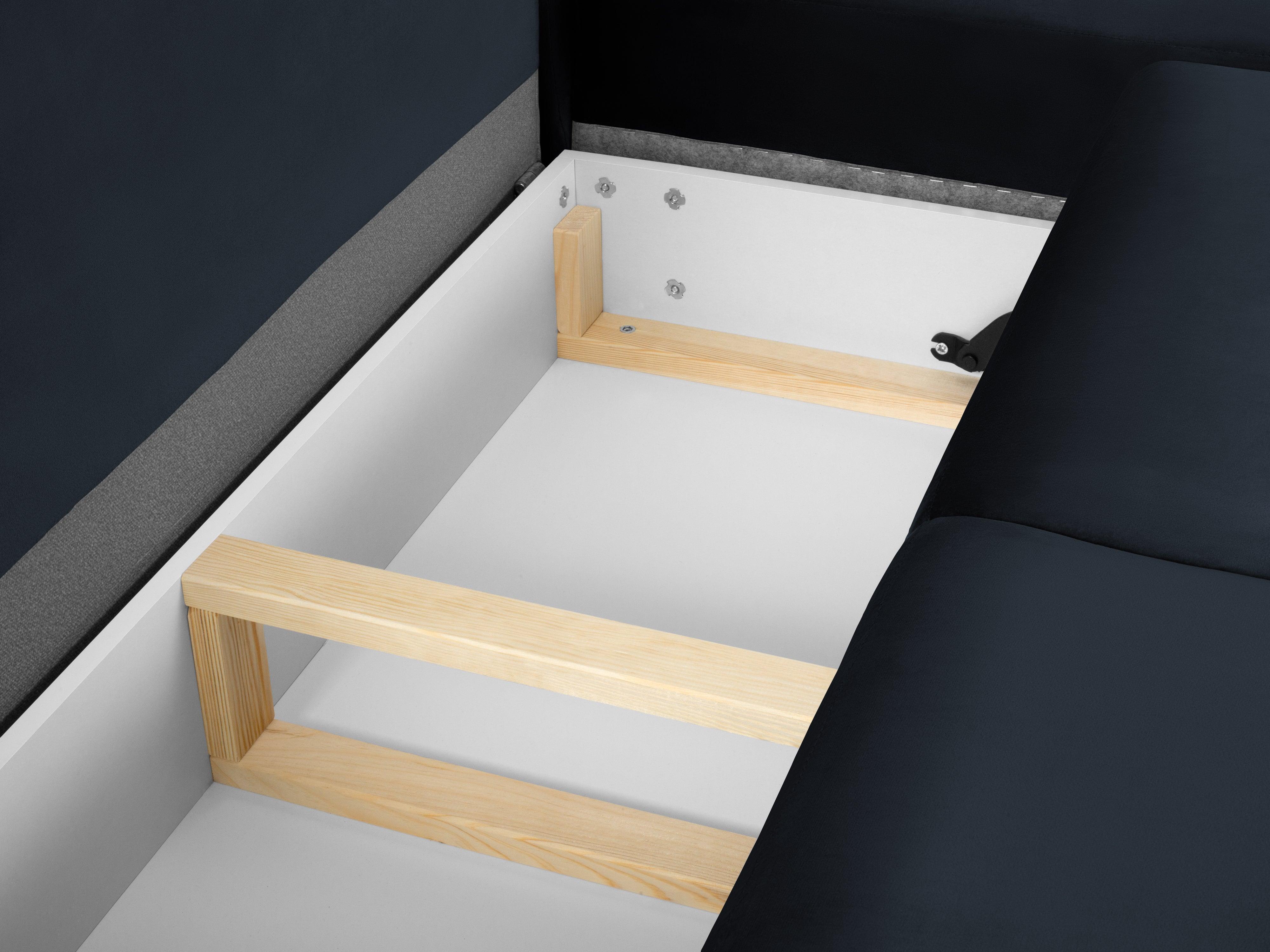 Narożnik 5-osobowy prawostronny z funkcją spania KYOTO ciemnoniebieski ze złotą podstawą Cosmopolitan Design Eye on Design