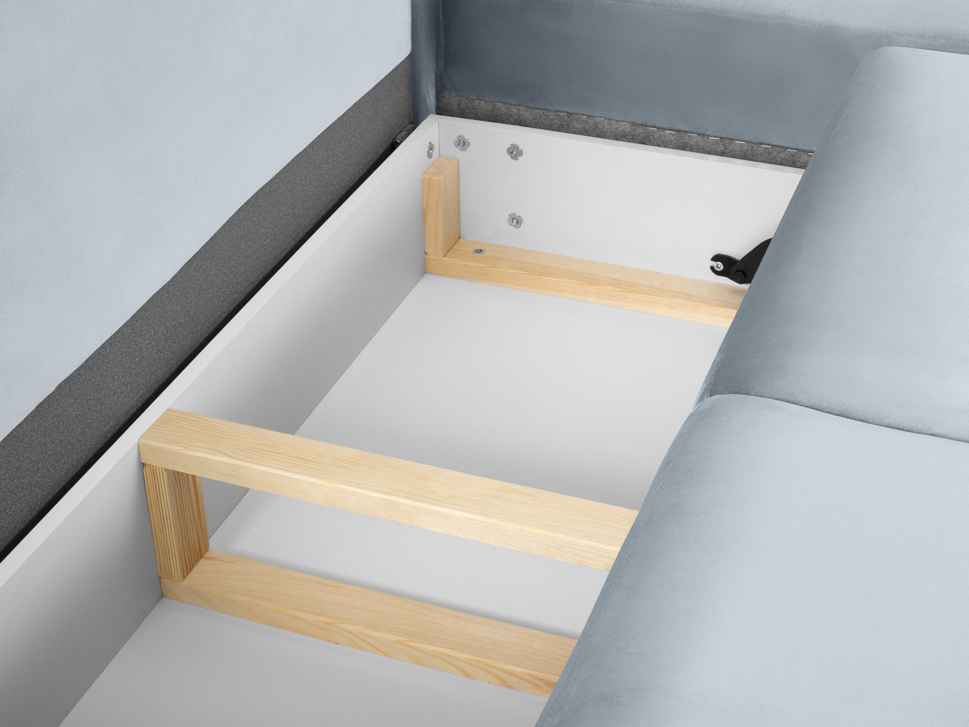 Narożnik 5-osobowy prawostronny z funkcją spania KYOTO jasnoniebieski z czarną podstawą Cosmopolitan Design Eye on Design