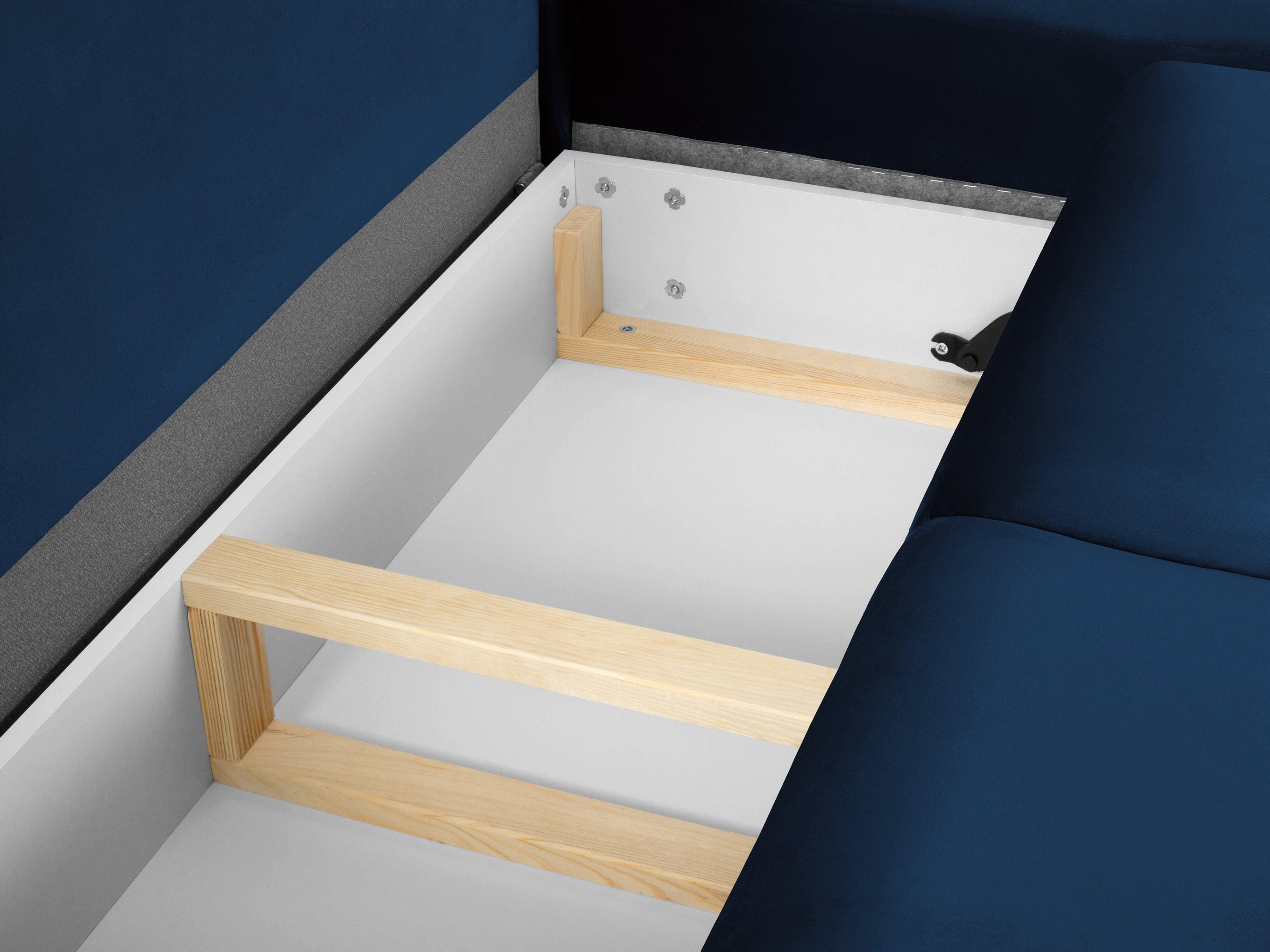 Narożnik 5-osobowy prawostronny z funkcją spania KYOTO niebieski z czarną podstawą Cosmopolitan Design Eye on Design