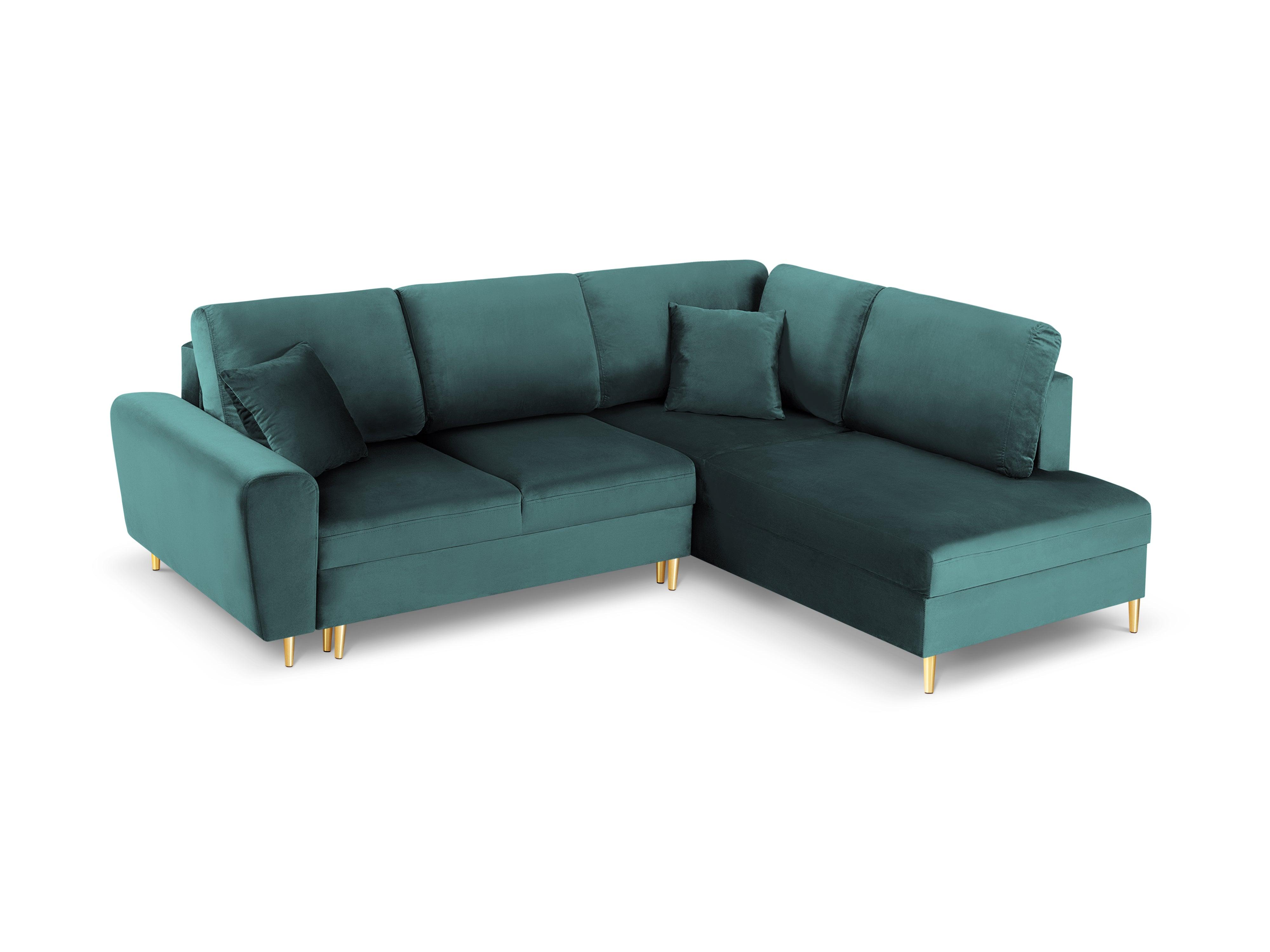 Narożnik 5-osobowy prawostronny z funkcją spania KYOTO petrol ze złotą podstawą Cosmopolitan Design Eye on Design