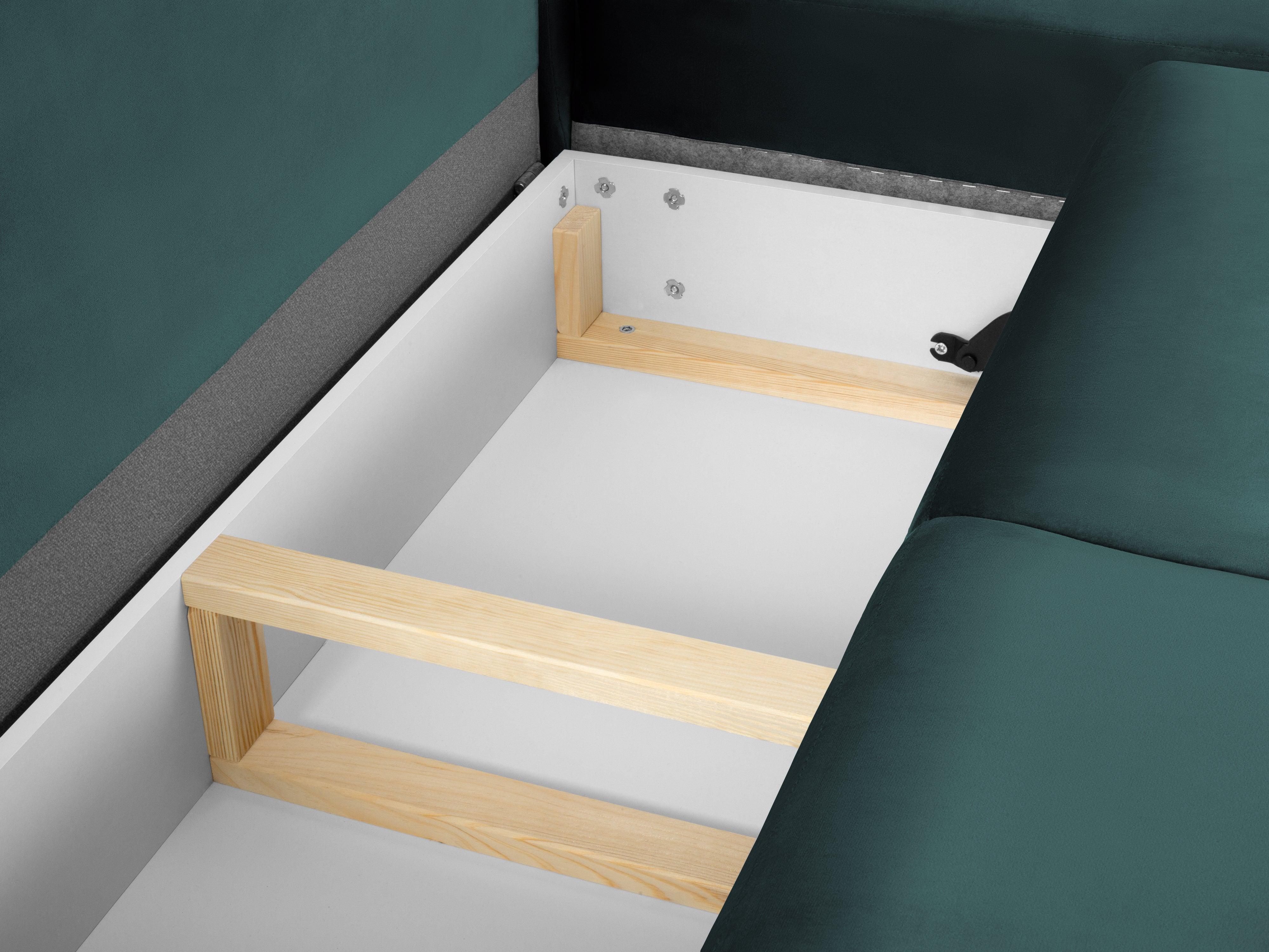 Narożnik 5-osobowy prawostronny z funkcją spania KYOTO petrol ze złotą podstawą Cosmopolitan Design Eye on Design