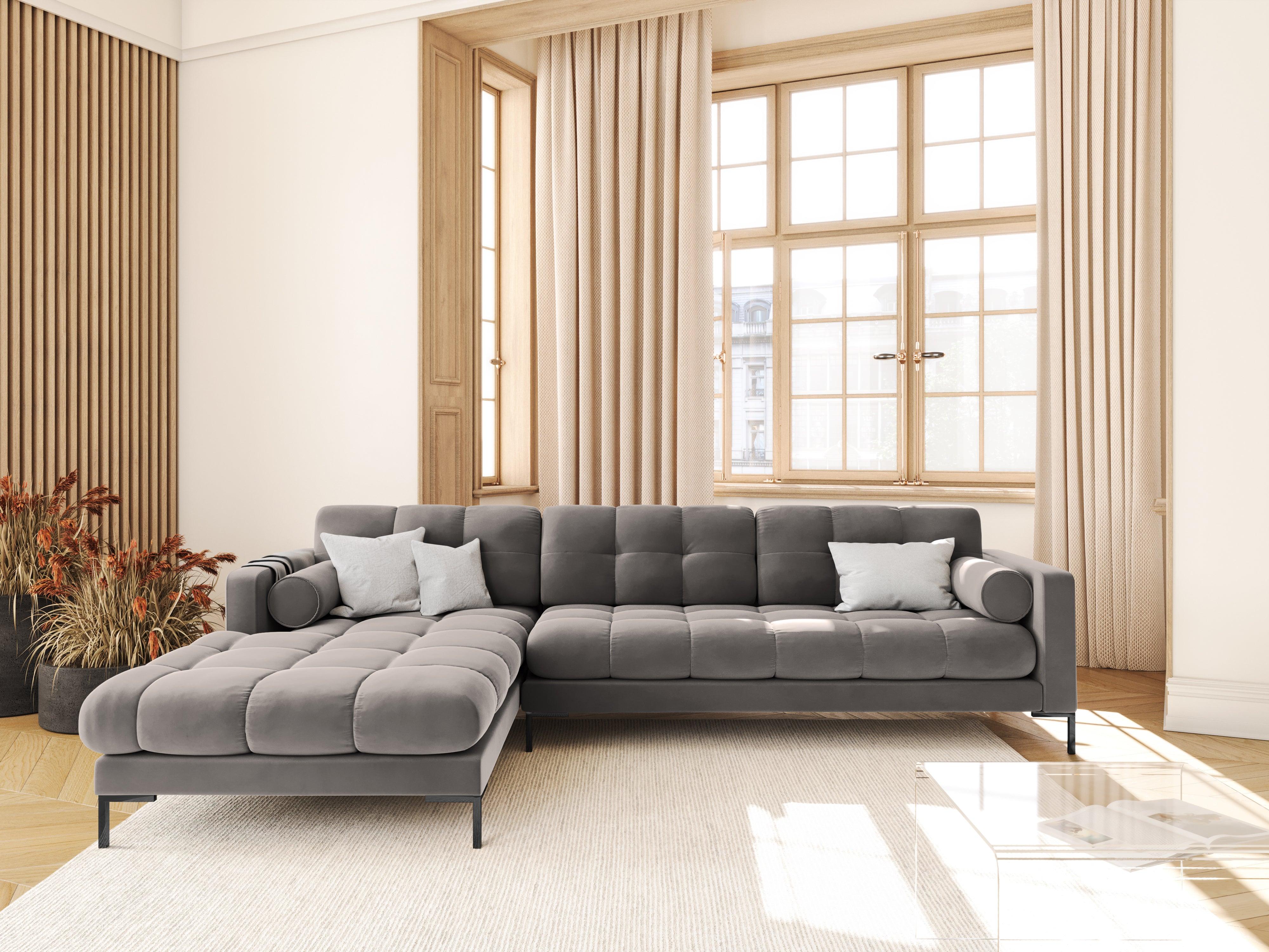 Narożnik aksamitny lewostronny BALI jasnoszary z czarną podstawą Cosmopolitan Design Eye on Design