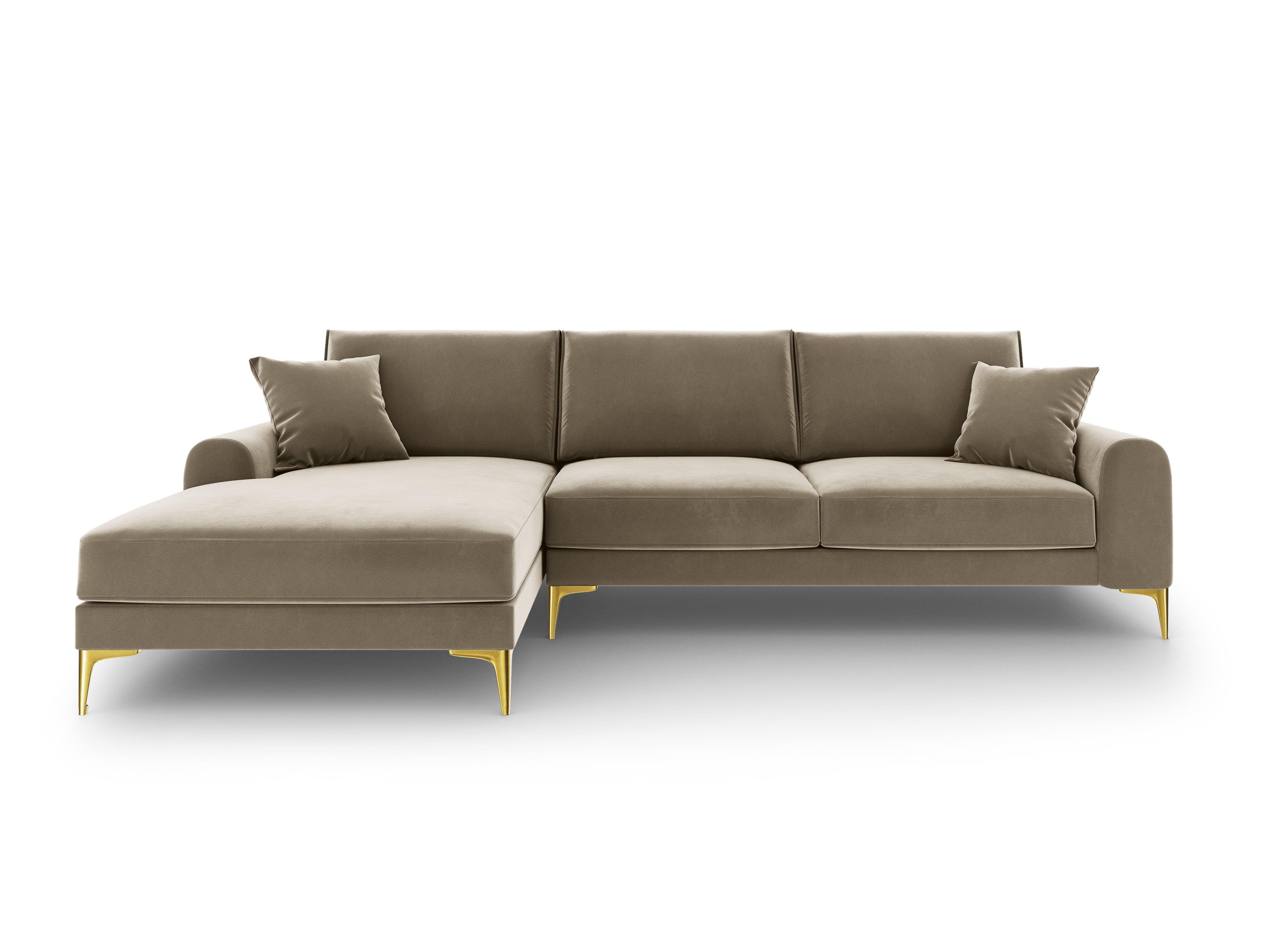 Narożnik aksamitny lewostronny MADARA cappuccino ze złotą podstawą Mazzini Sofas Eye on Design