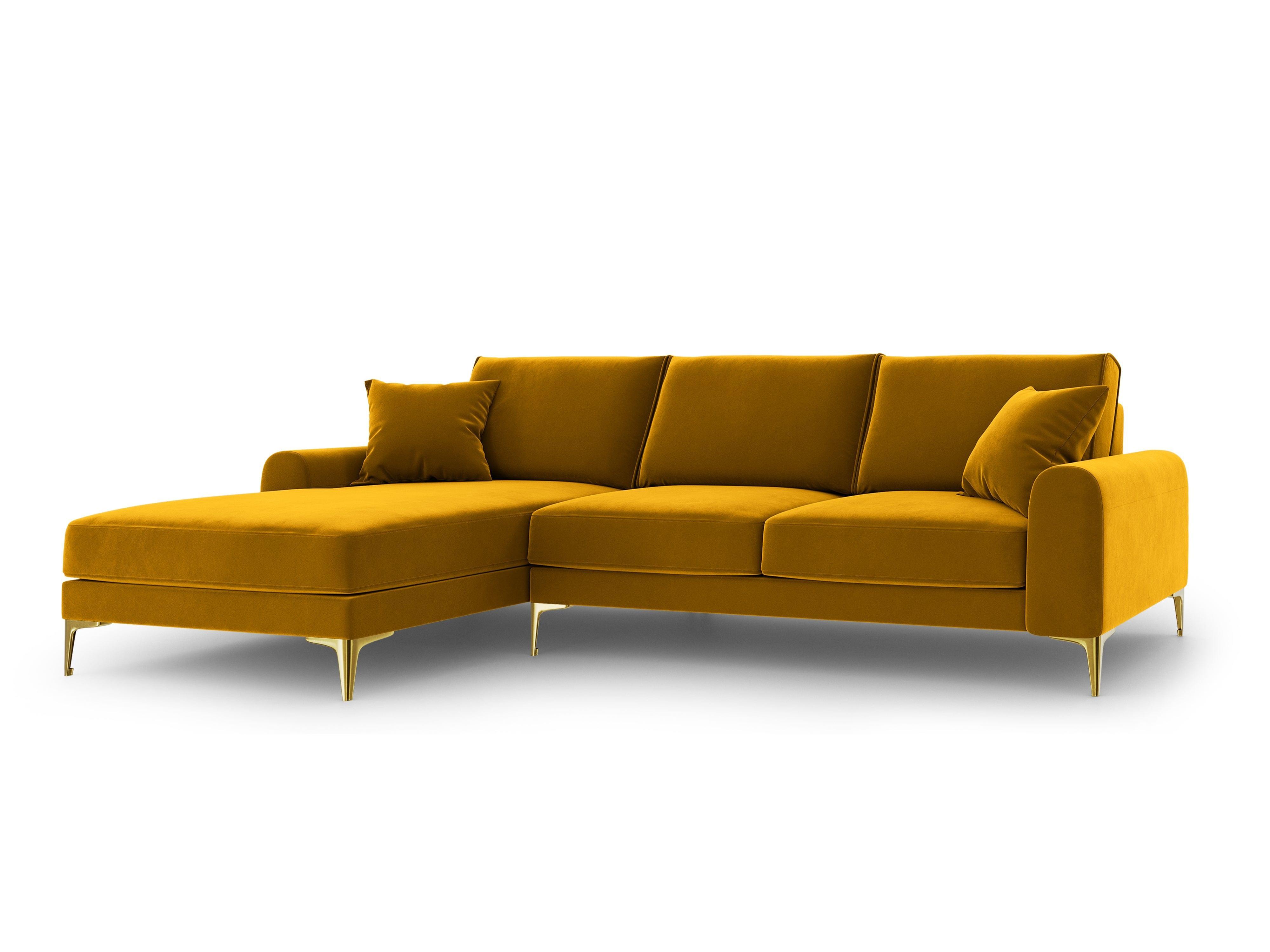 Narożnik aksamitny lewostronny MADARA musztardowy ze złotą podstawą Mazzini Sofas Eye on Design