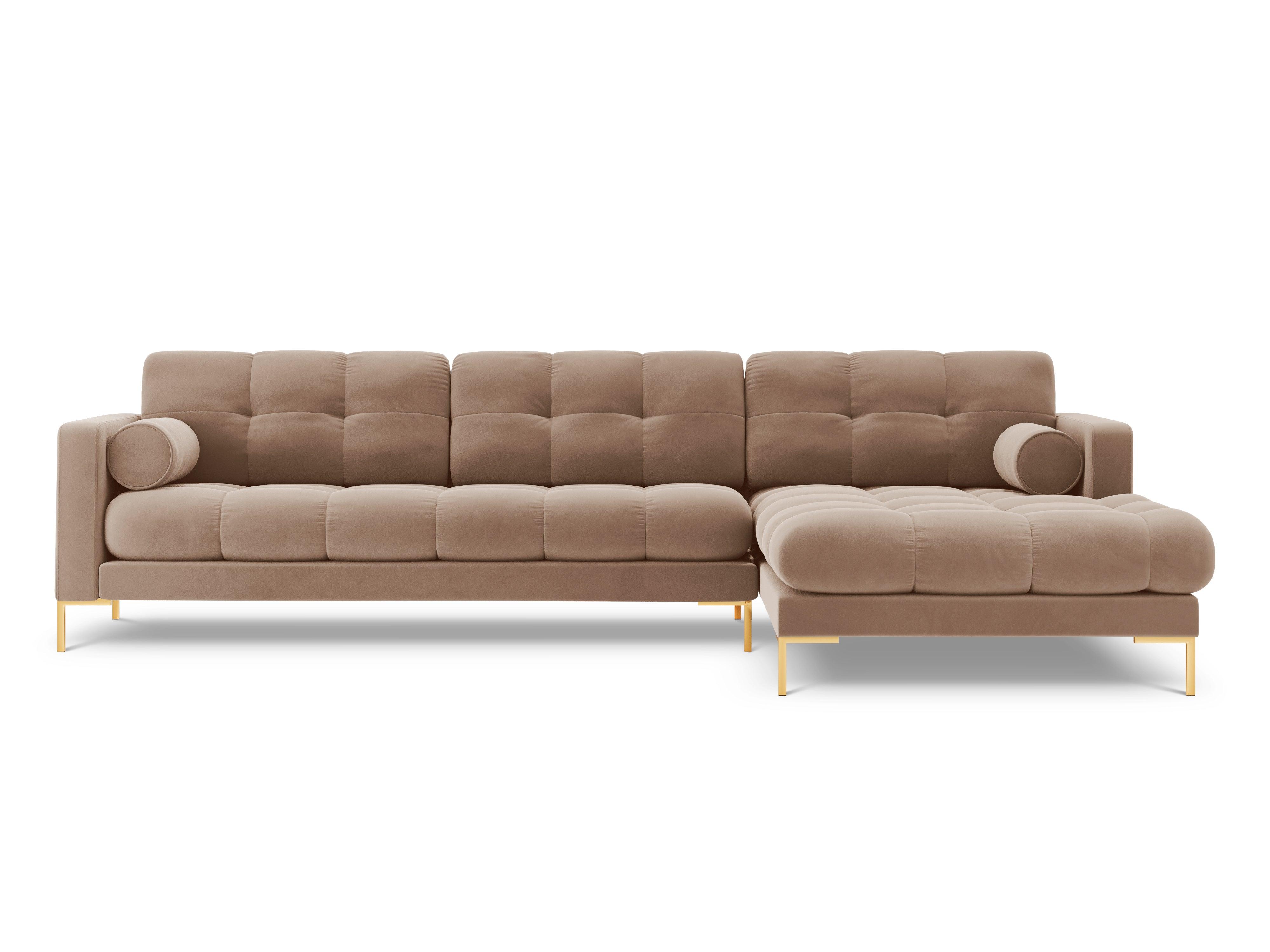 Narożnik aksamitny prawostronny BALI beżowy ze złotą podstawą Cosmopolitan Design Eye on Design