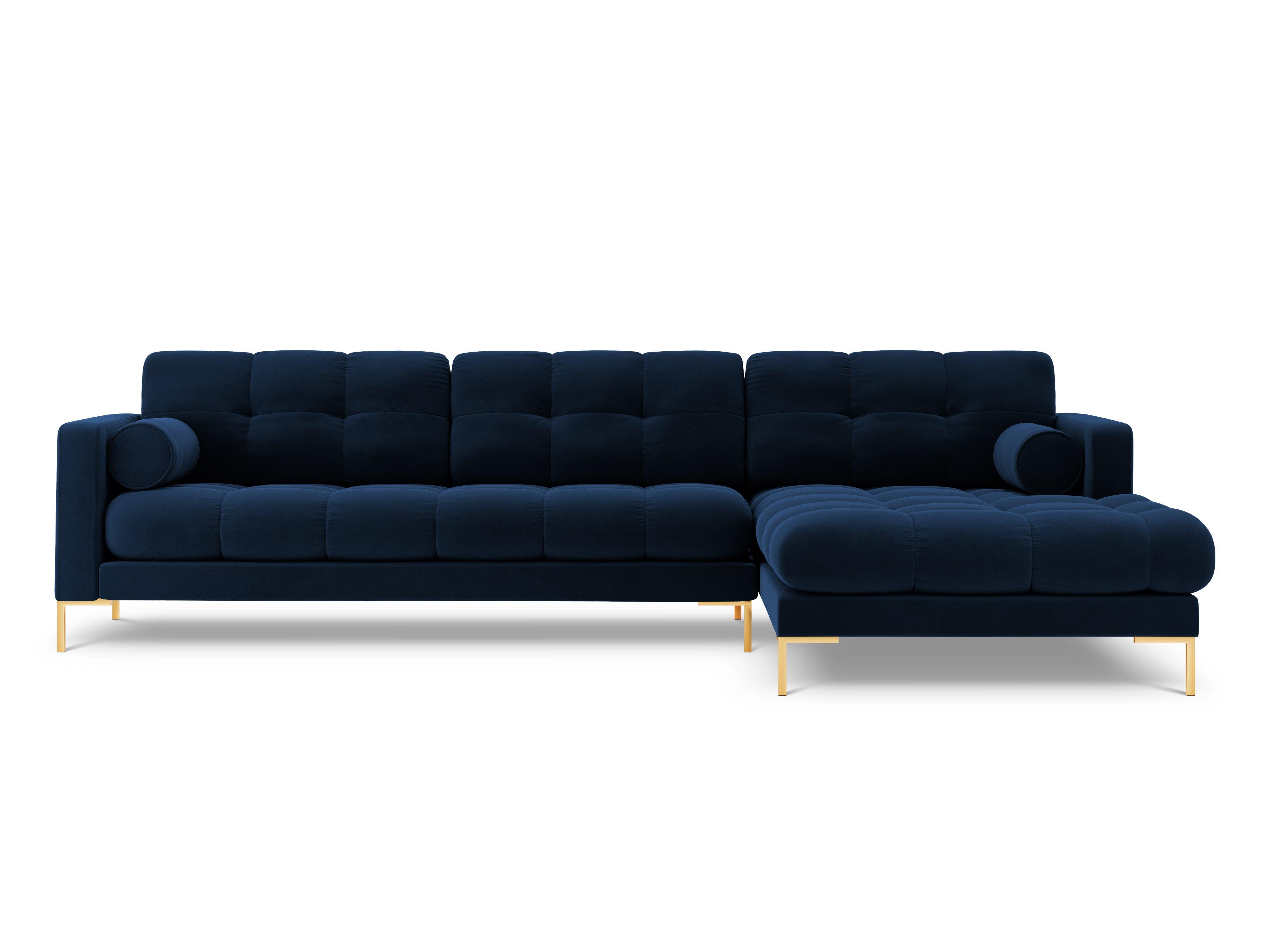 Narożnik aksamitny prawostronny BALI granat królewski ze złotą podstawą Cosmopolitan Design Eye on Design