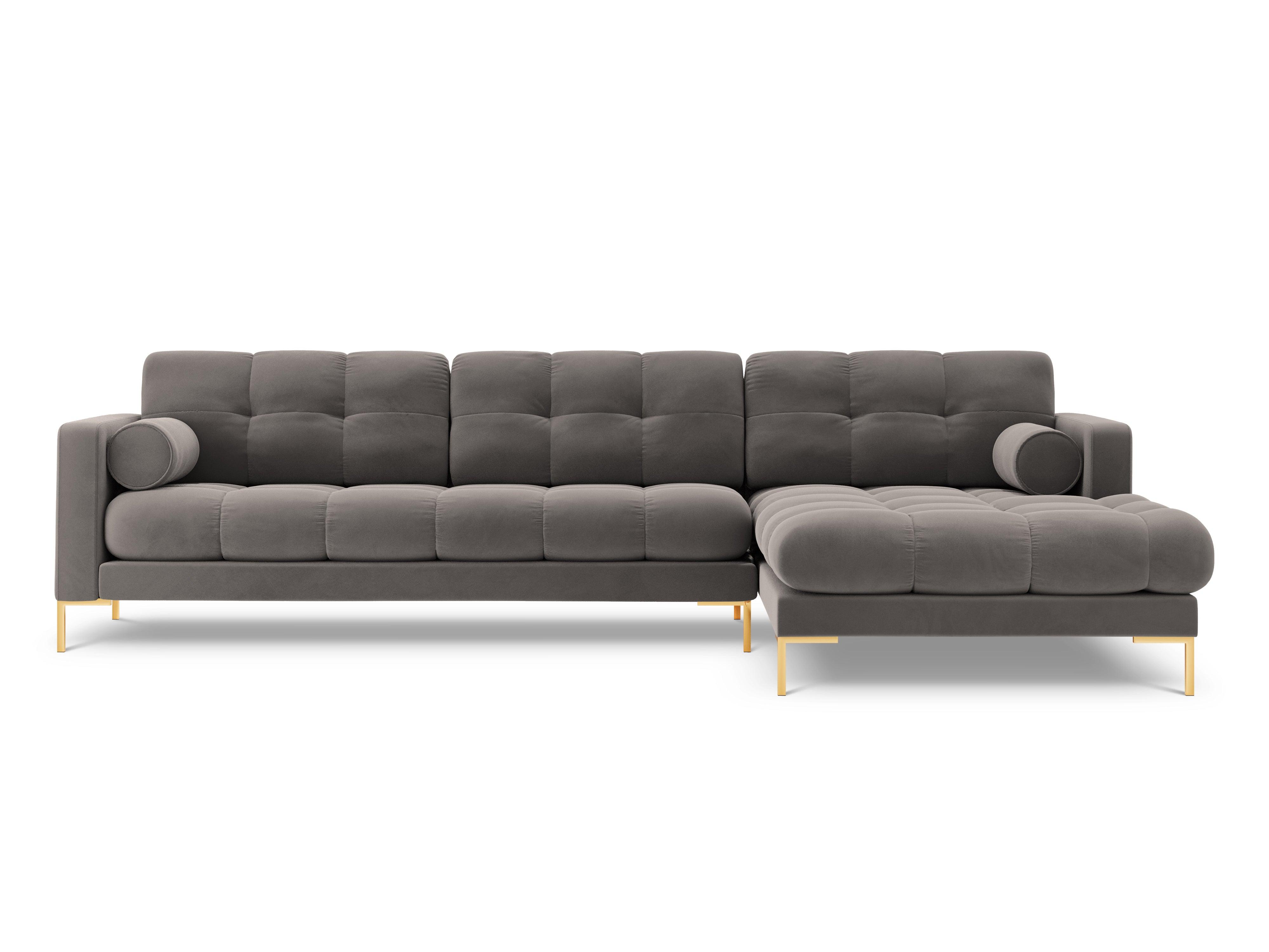 Narożnik aksamitny prawostronny BALI jasnoszary ze złotą podstawą Cosmopolitan Design Eye on Design