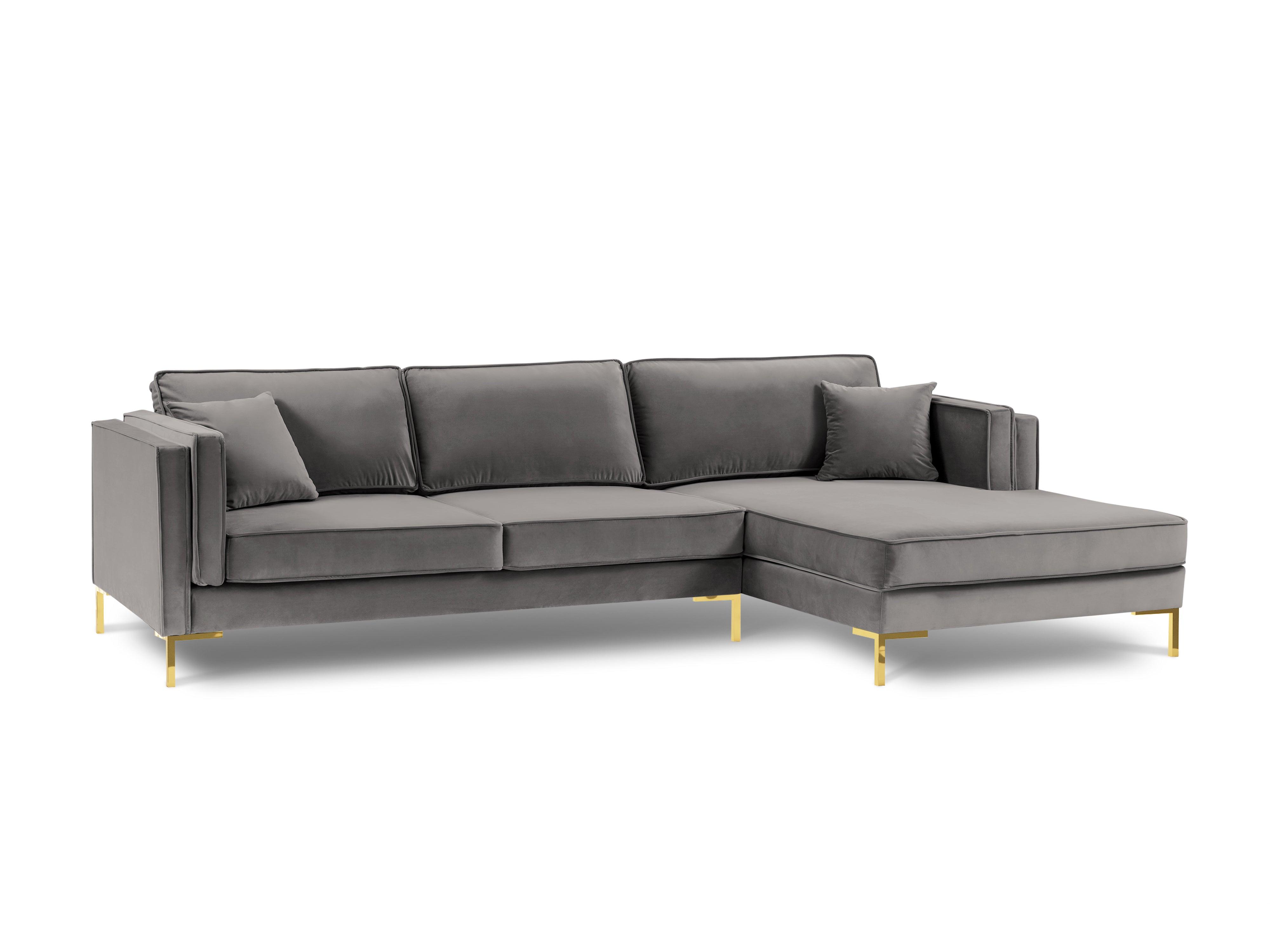 Narożnik aksamitny prawostronny LUIS jasnoszary ze złotą podstawą Milo Casa Eye on Design