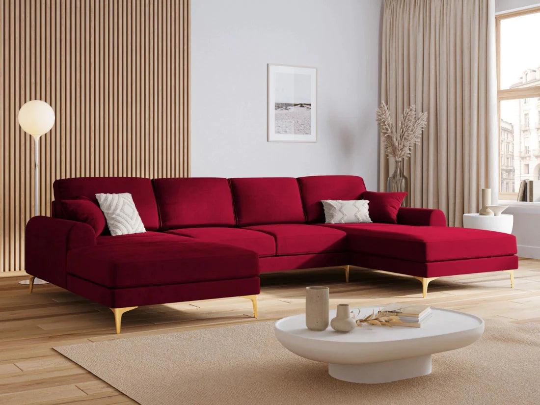 Narożnik aksamitny w kształcie U MADARA czerwony ze złotą podstawą Mazzini Sofas Eye on Design