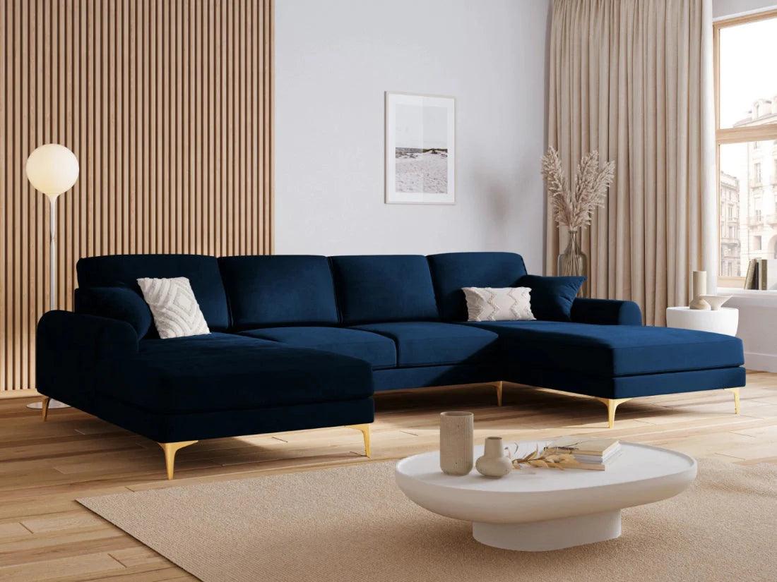 Narożnik aksamitny w kształcie U MADARA królewski niebieski ze złotą podstawą Mazzini Sofas Eye on Design