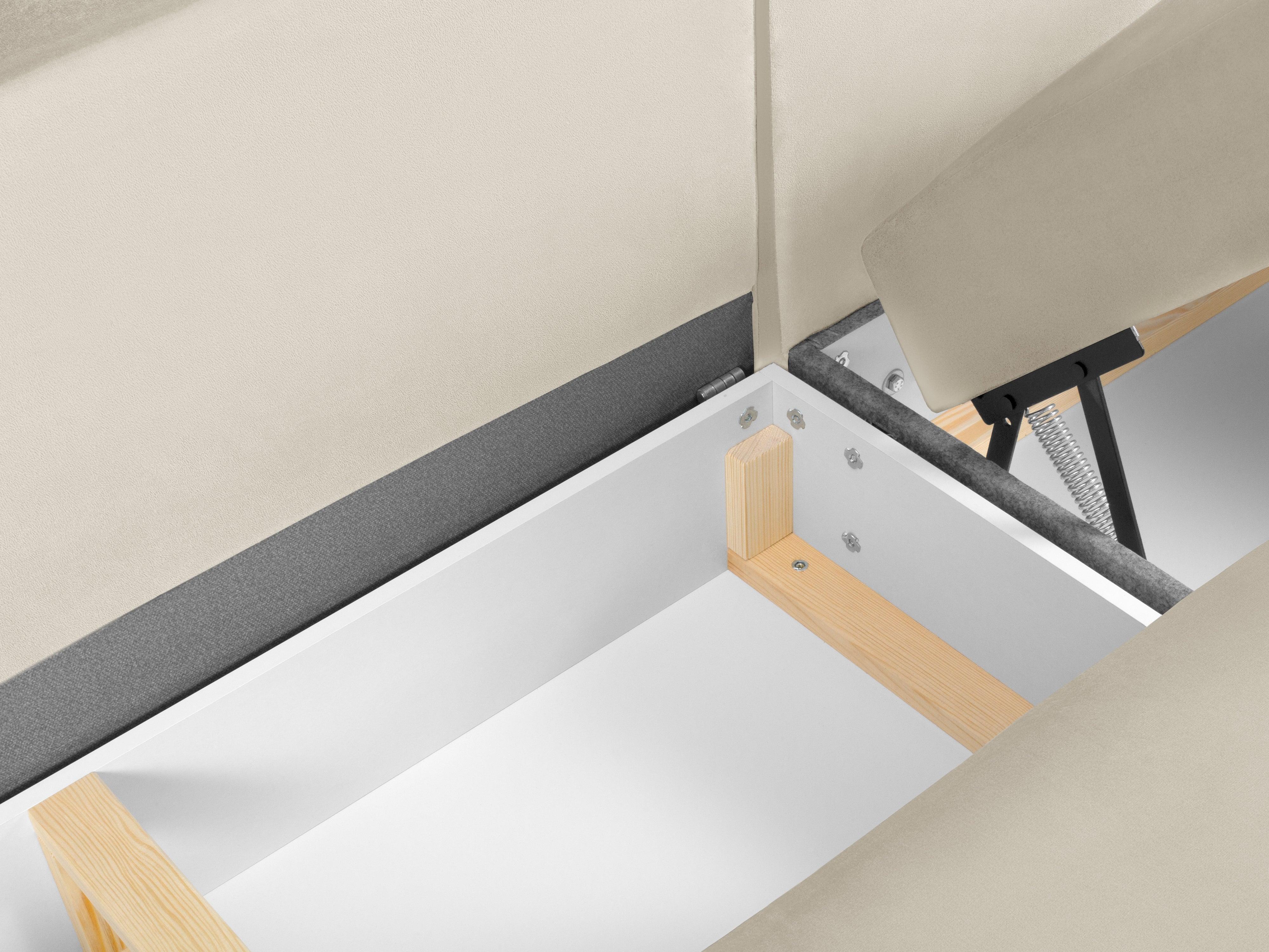 Narożnik lewostronny aksamitny panoramiczny z funkcją spania KYOTO beżowy ze złotą podstawą Cosmopolitan Design Eye on Design