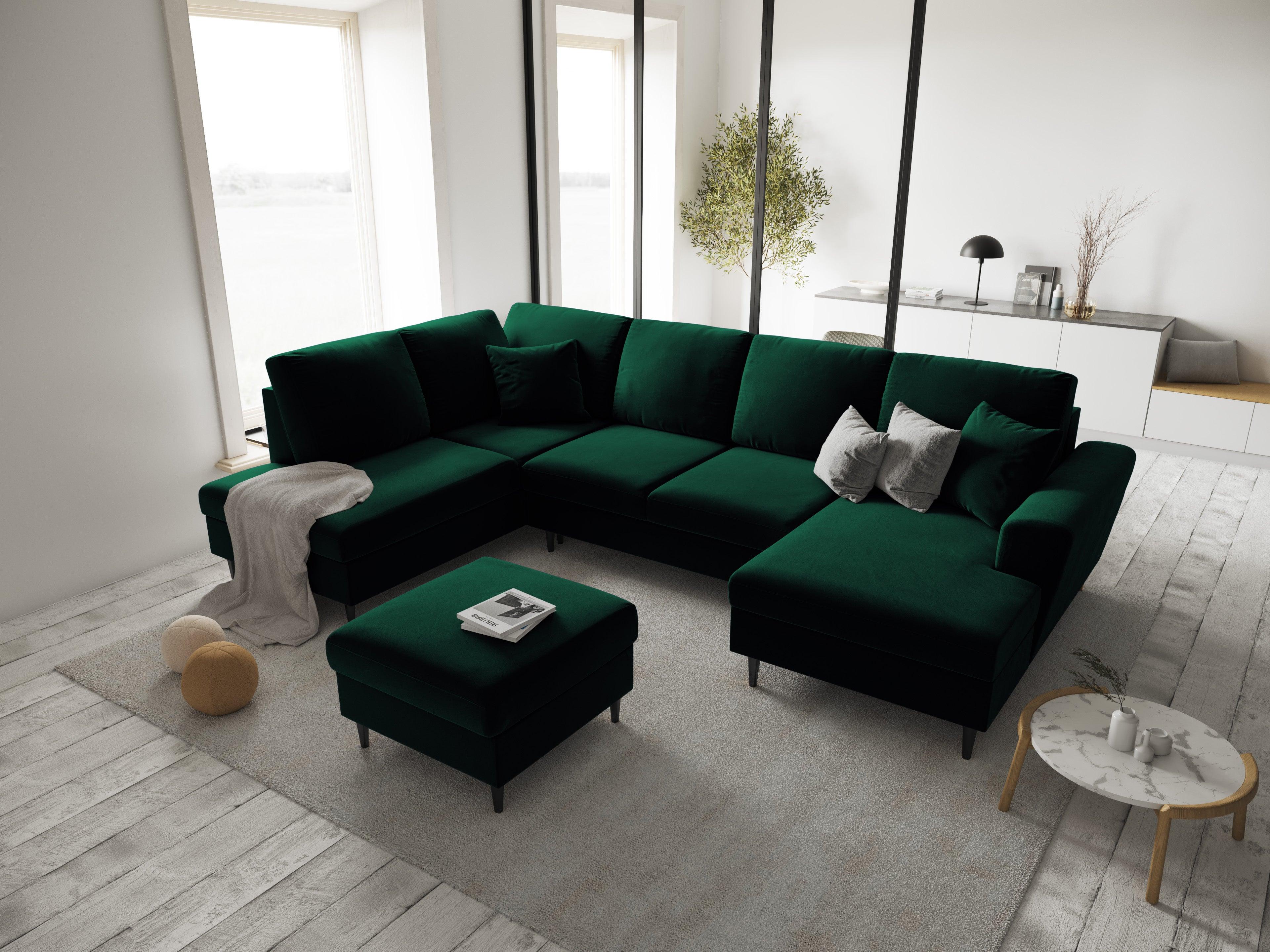 Narożnik lewostronny aksamitny panoramiczny z funkcją spania KYOTO butelkowa zieleń z czarną podstawą Cosmopolitan Design Eye on Design