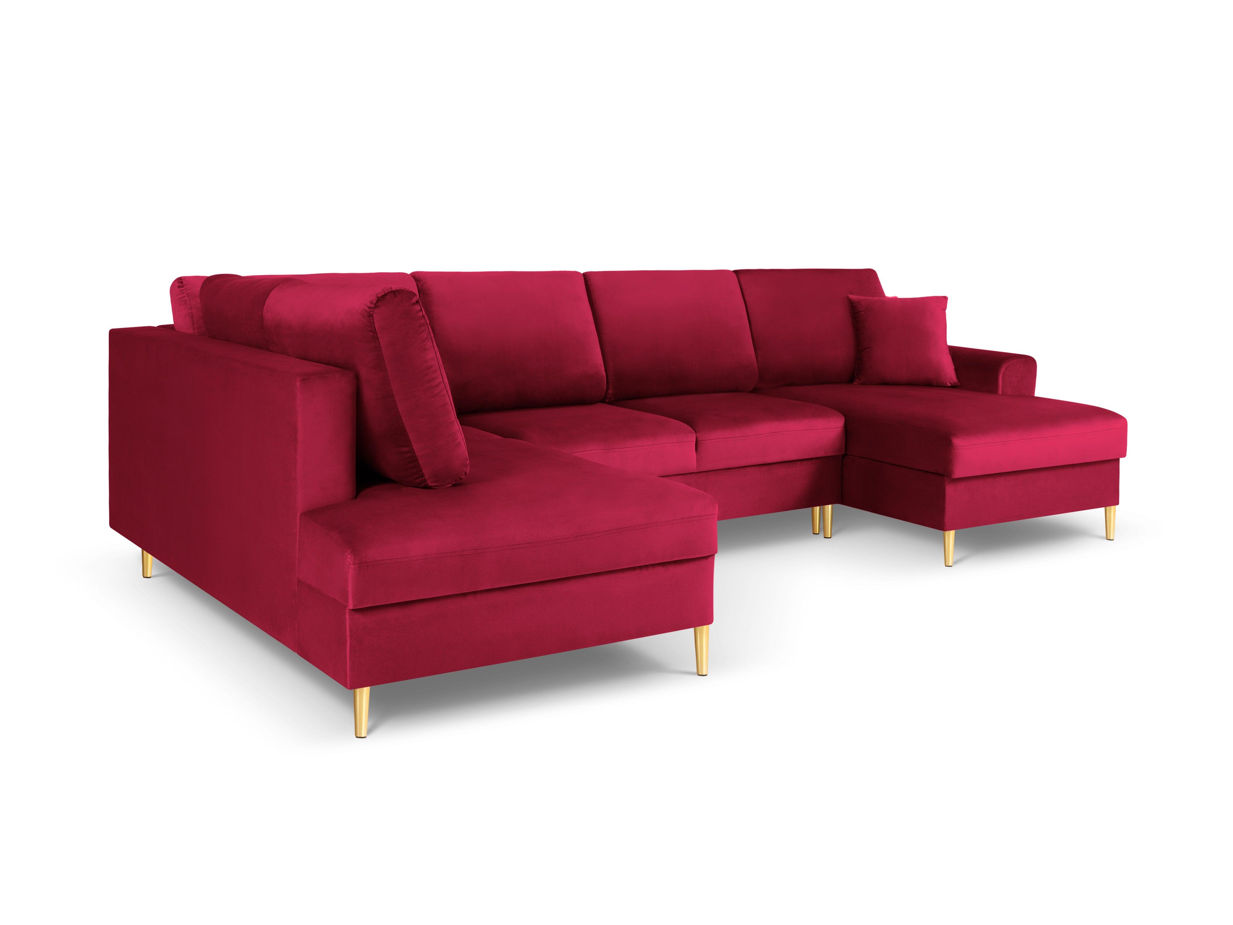 Narożnik lewostronny aksamitny panoramiczny z funkcją spania KYOTO czerwony ze złotą podstawą Cosmopolitan Design Eye on Design