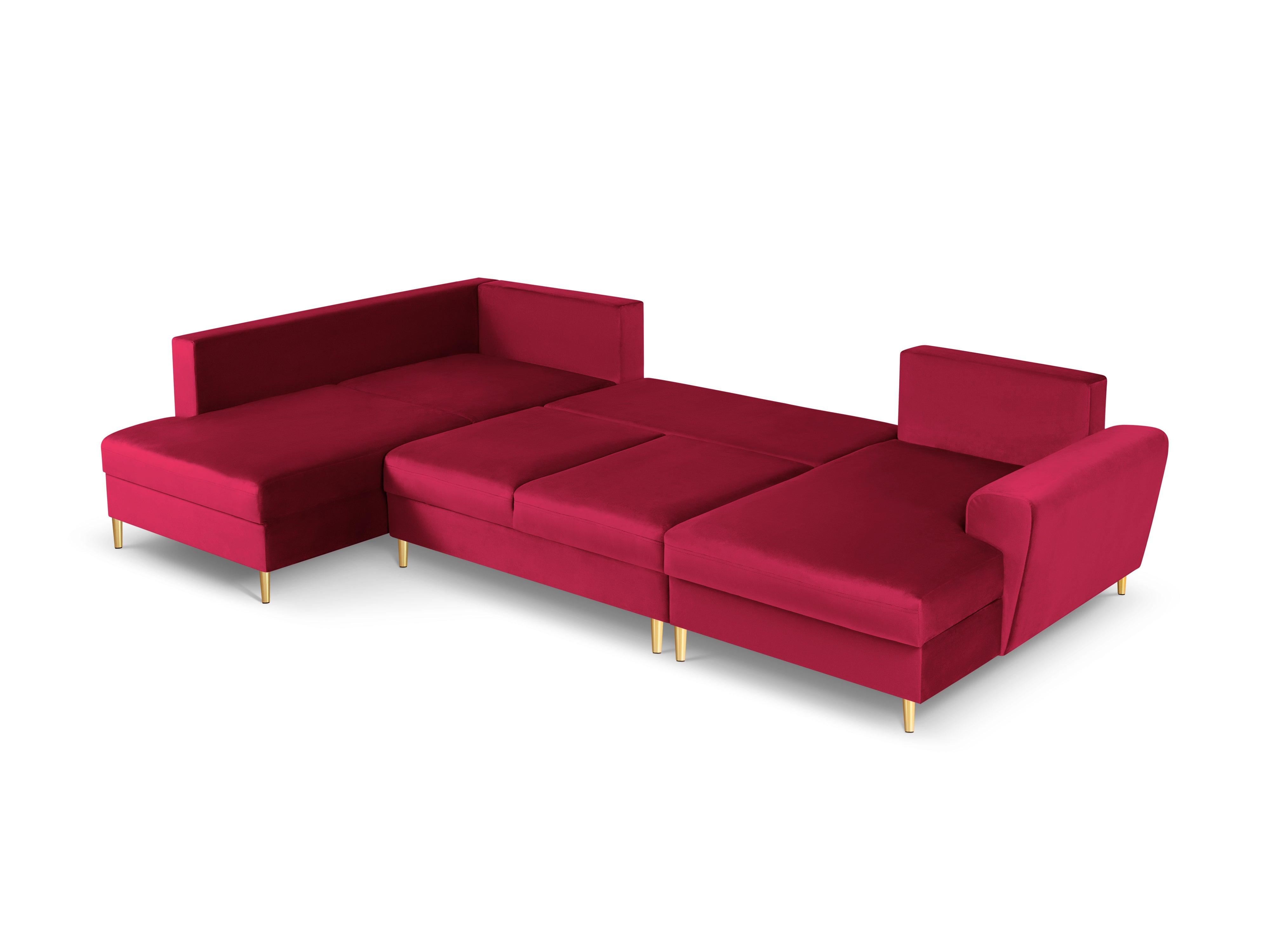 Narożnik lewostronny aksamitny panoramiczny z funkcją spania KYOTO czerwony ze złotą podstawą Cosmopolitan Design Eye on Design