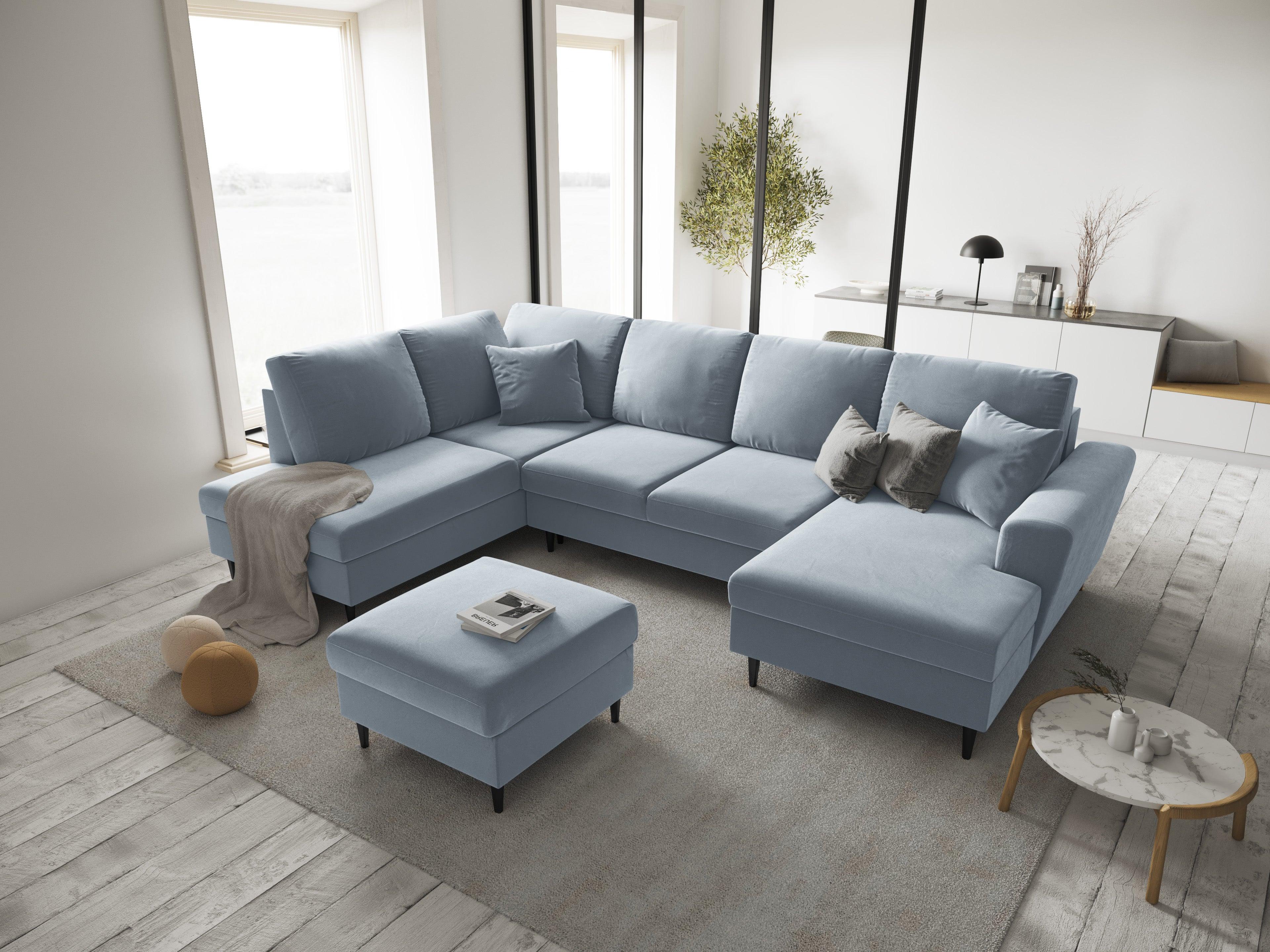 Narożnik lewostronny aksamitny panoramiczny z funkcją spania KYOTO jasnoniebieski z czarną podstawą Cosmopolitan Design Eye on Design