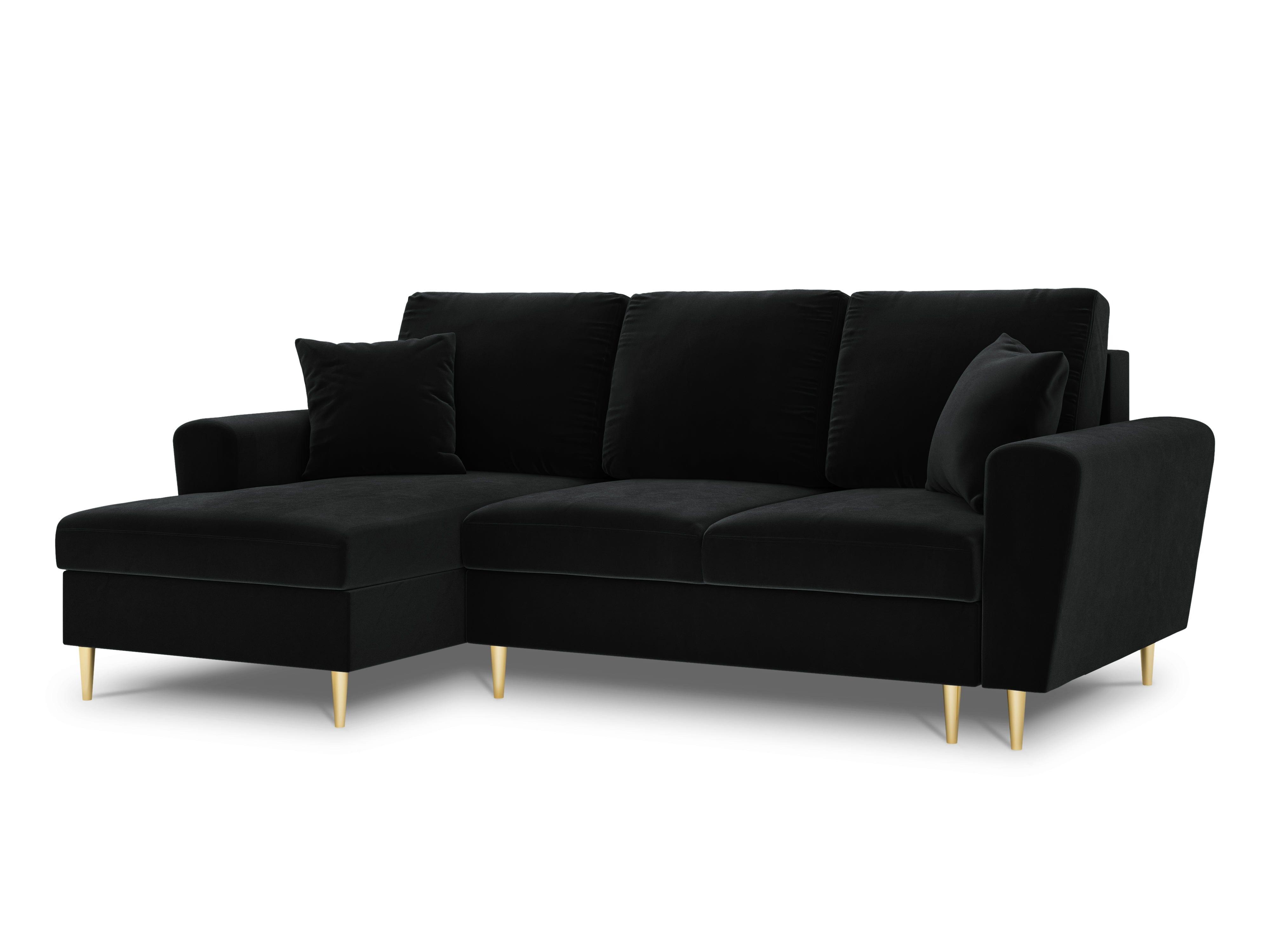 Narożnik lewostronny aksamitny z funkcją spania KYOTO czarny ze złotą podstawą Cosmopolitan Design Eye on Design