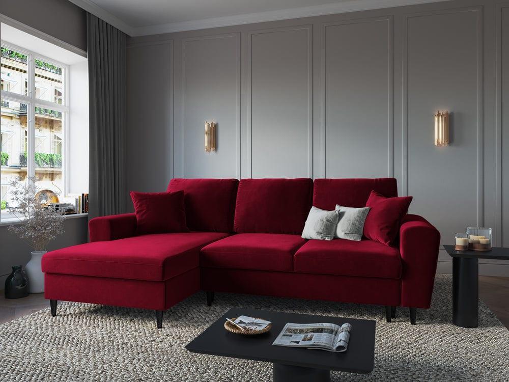 Narożnik lewostronny aksamitny z funkcją spania KYOTO czerwony z czarną podstawą Cosmopolitan Design Eye on Design