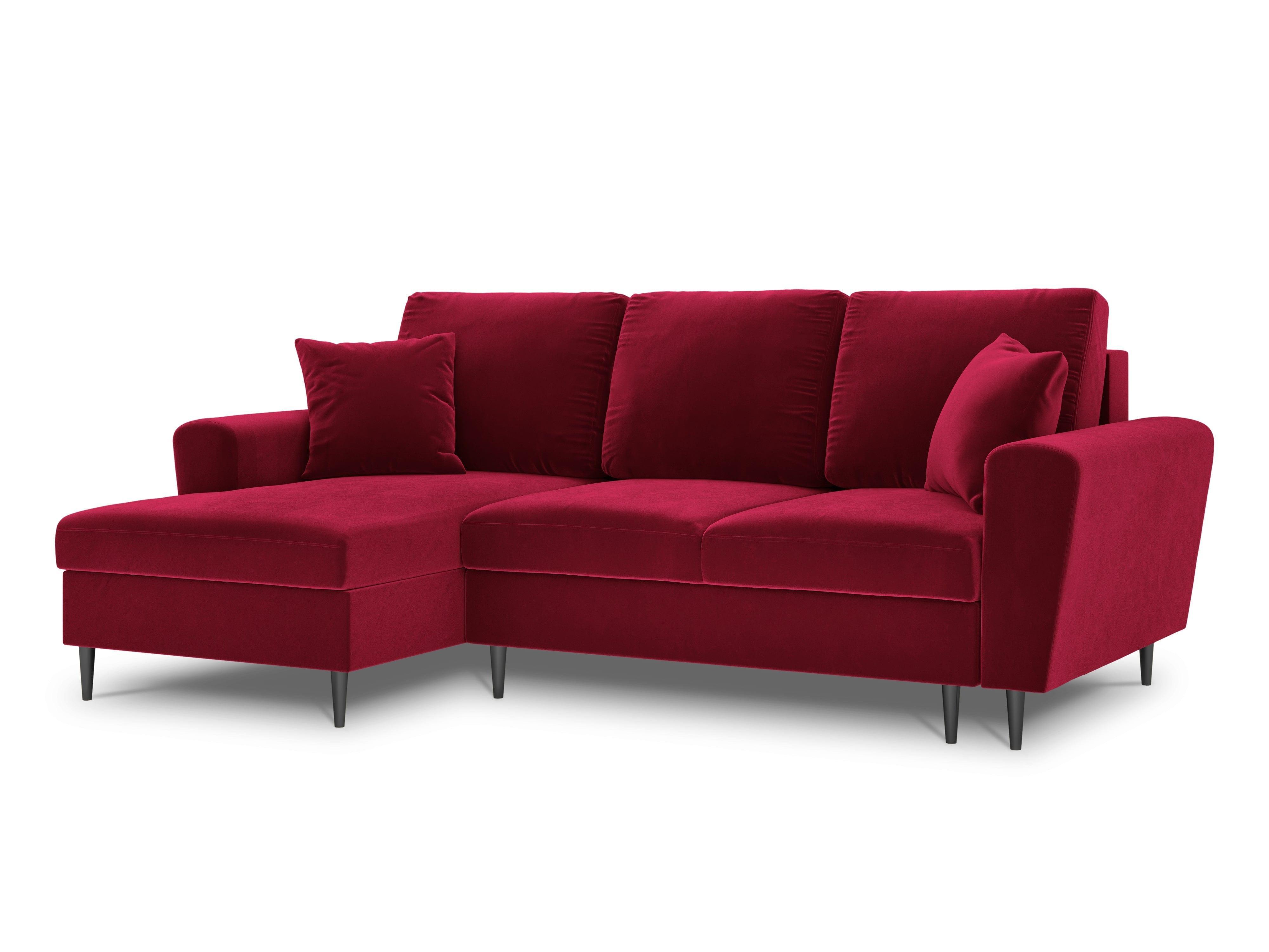 Narożnik lewostronny aksamitny z funkcją spania KYOTO czerwony z czarną podstawą Cosmopolitan Design Eye on Design