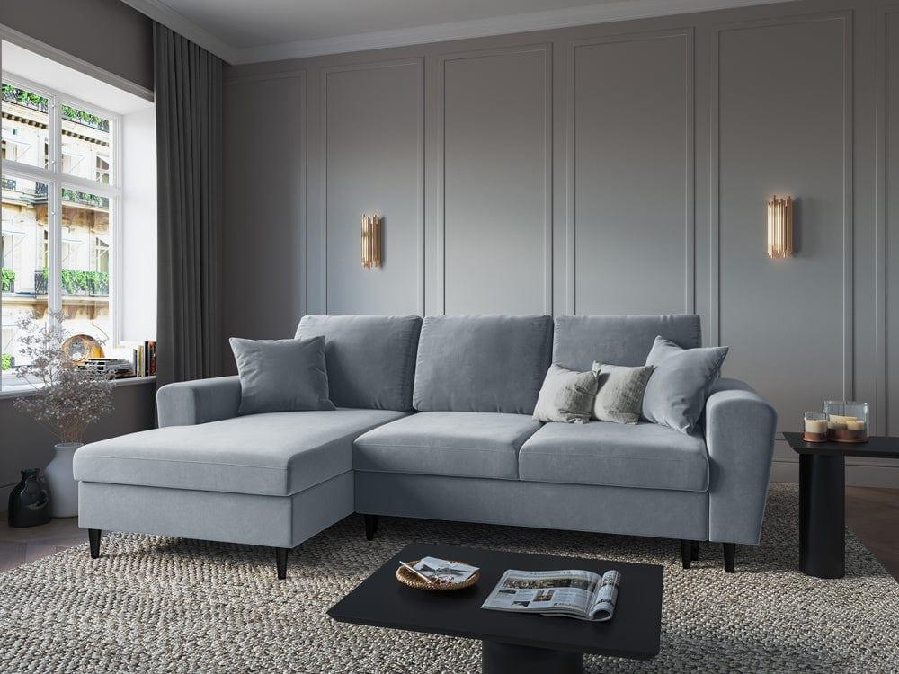 Narożnik lewostronny aksamitny z funkcją spania KYOTO jasnoniebieski z czarną podstawą Cosmopolitan Design Eye on Design