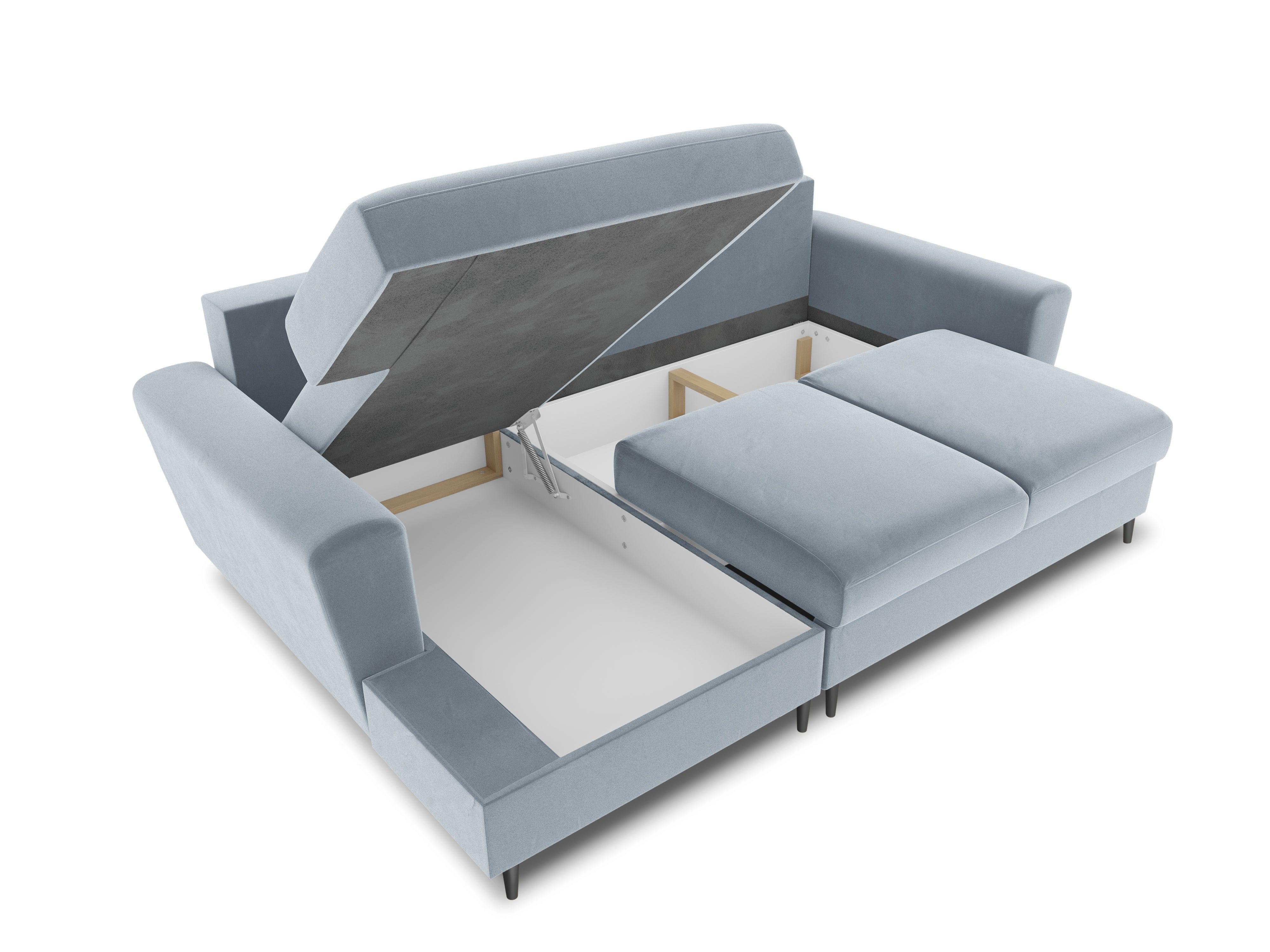 Narożnik lewostronny aksamitny z funkcją spania KYOTO jasnoniebieski z czarną podstawą Cosmopolitan Design Eye on Design