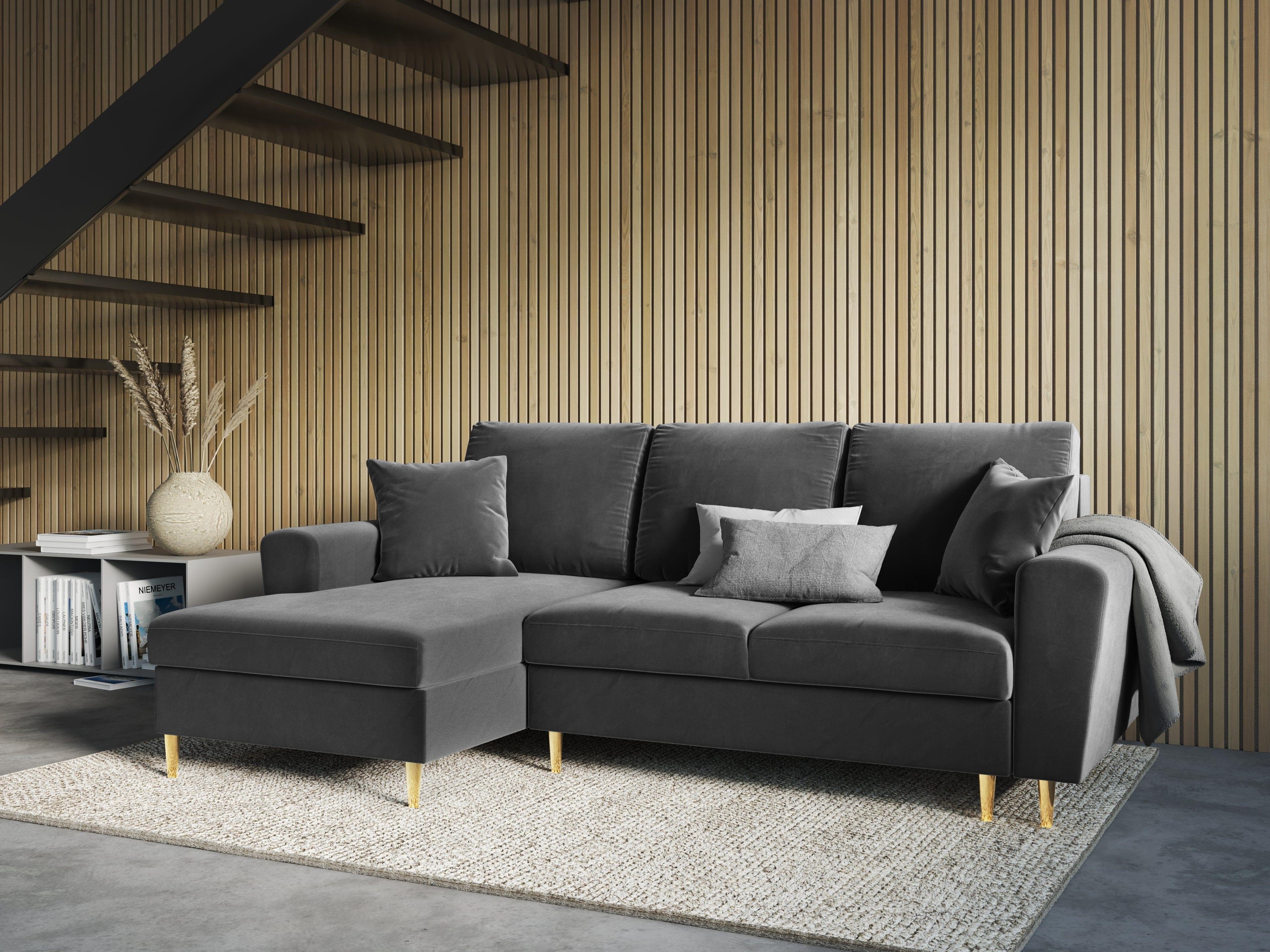 Narożnik lewostronny aksamitny z funkcją spania KYOTO jasnoszary ze złotą podstawą Cosmopolitan Design Eye on Design