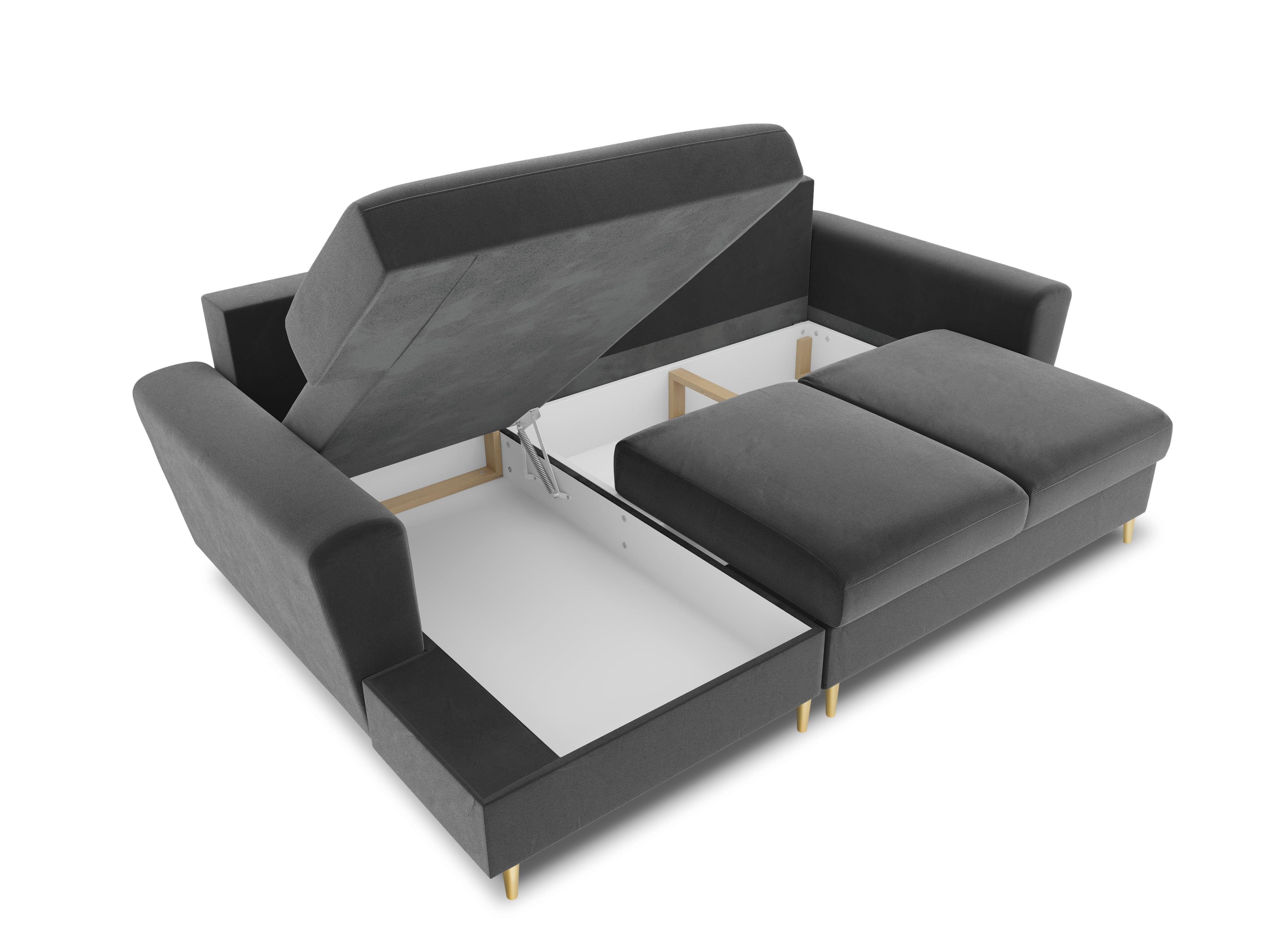 Narożnik lewostronny aksamitny z funkcją spania KYOTO jasnoszary ze złotą podstawą Cosmopolitan Design Eye on Design