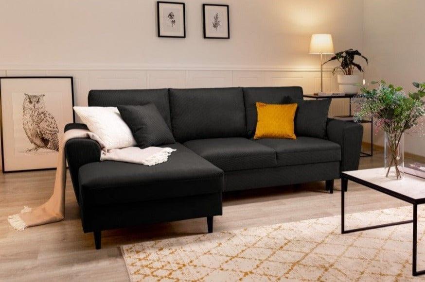 Narożnik lewostronny sztruksowy z funkcją spania KYOTO czarny Cosmopolitan Design Eye on Design