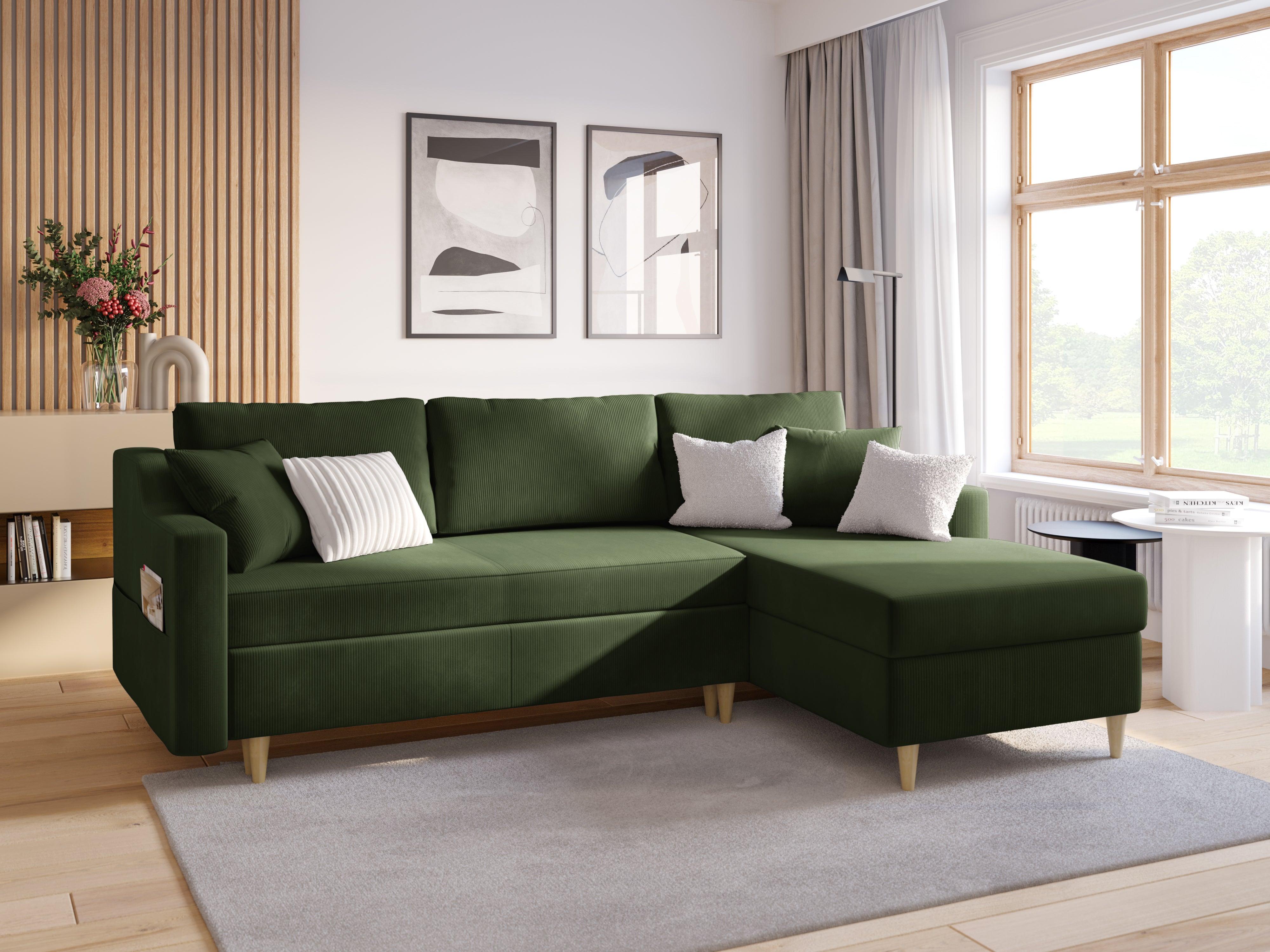 Narożnik lewostronny sztruksowy z funkcją spania ROSE butelkowa zieleń Mazzini Sofas Eye on Design