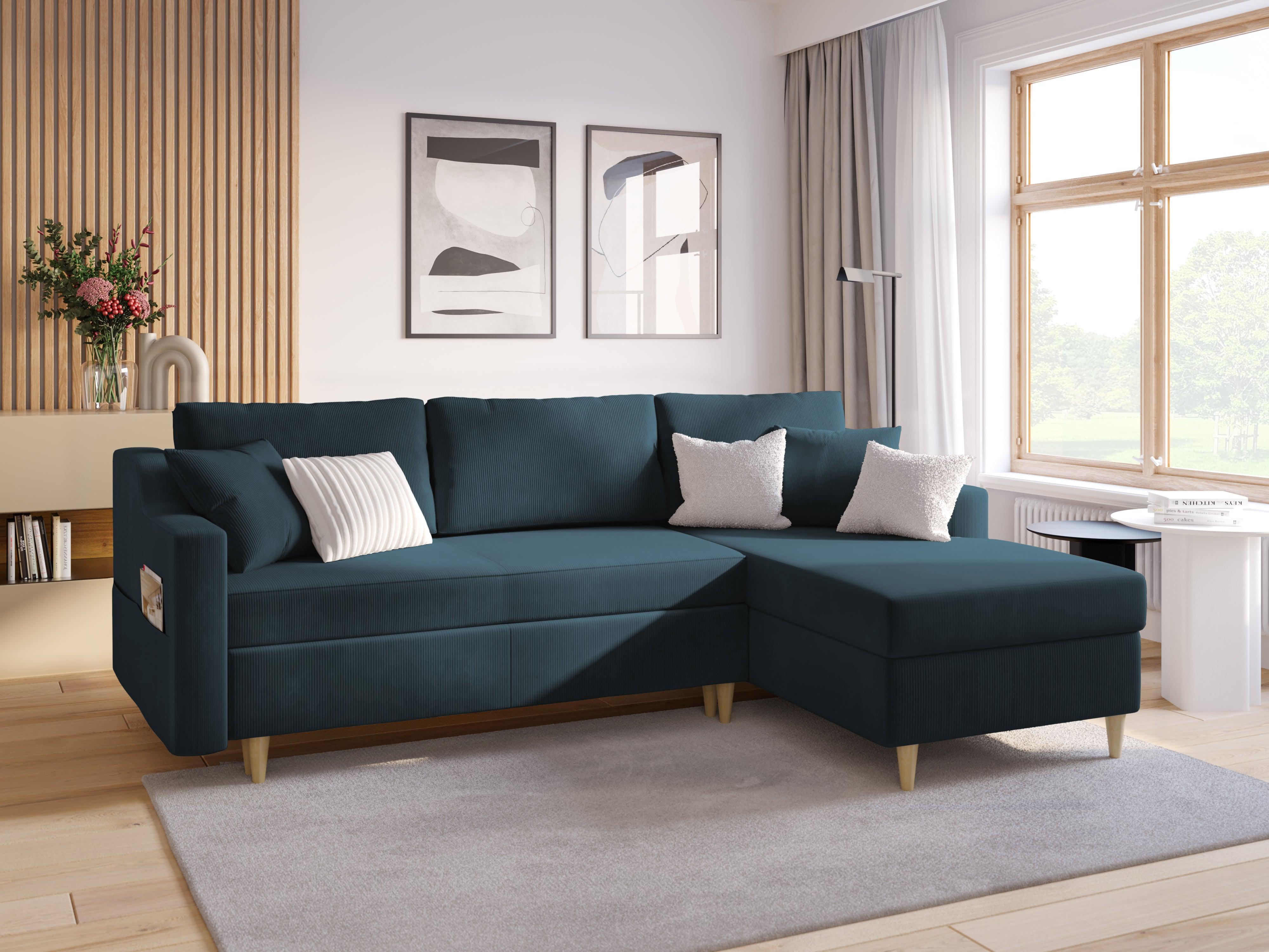 Narożnik lewostronny sztruksowy z funkcją spania ROSE ciemnoniebieski Mazzini Sofas Eye on Design