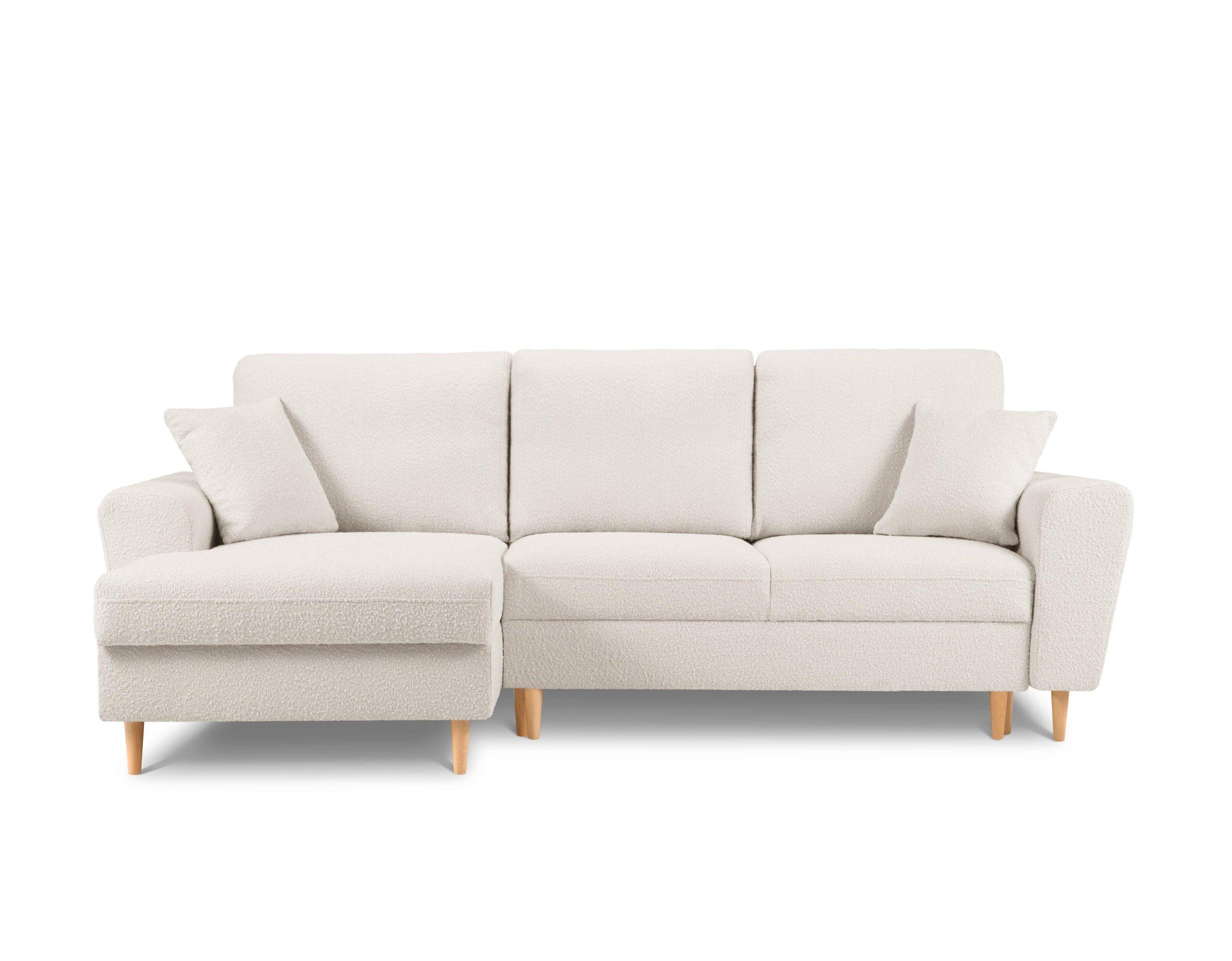 Narożnik lewostronny z funkcją spania KYOTO beżowy bouclé z drewnianą podstawą Cosmopolitan Design Eye on Design