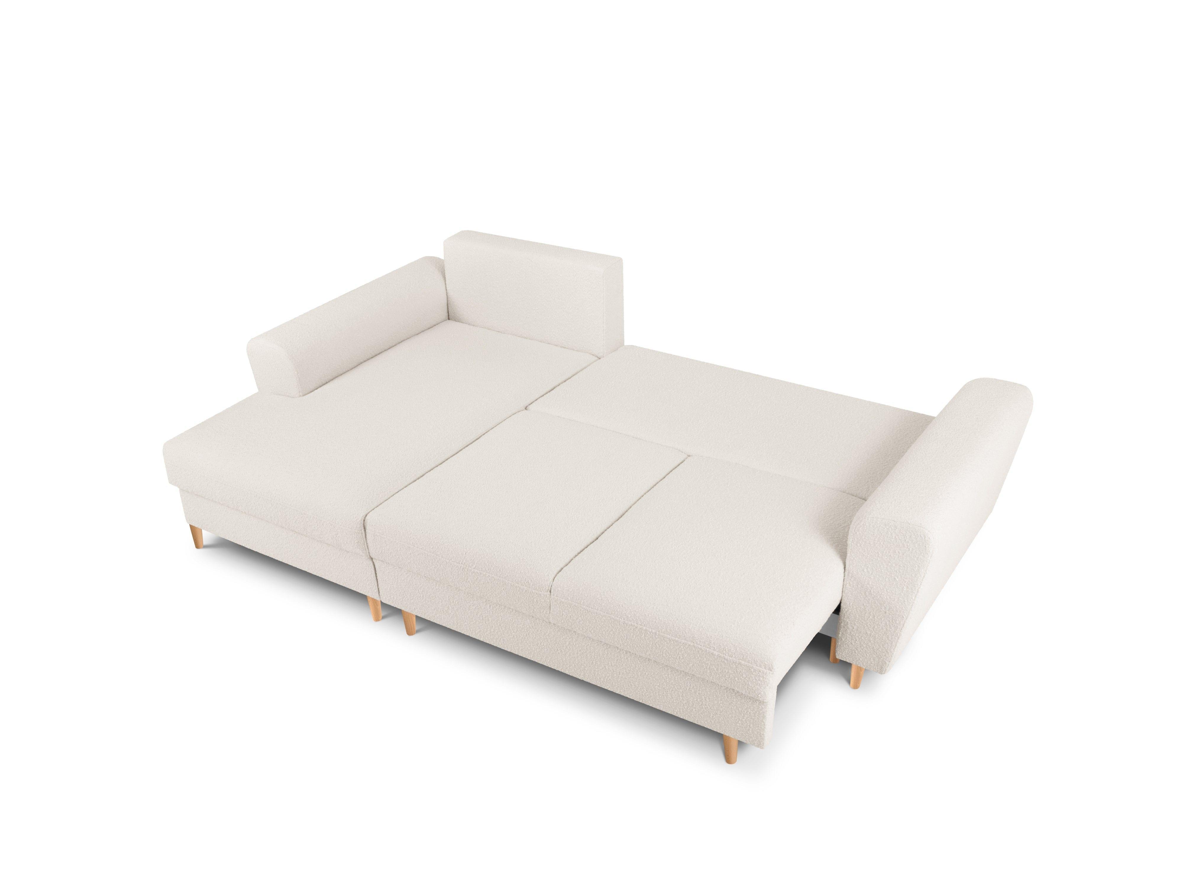 Narożnik lewostronny z funkcją spania KYOTO beżowy bouclé z drewnianą podstawą Cosmopolitan Design Eye on Design