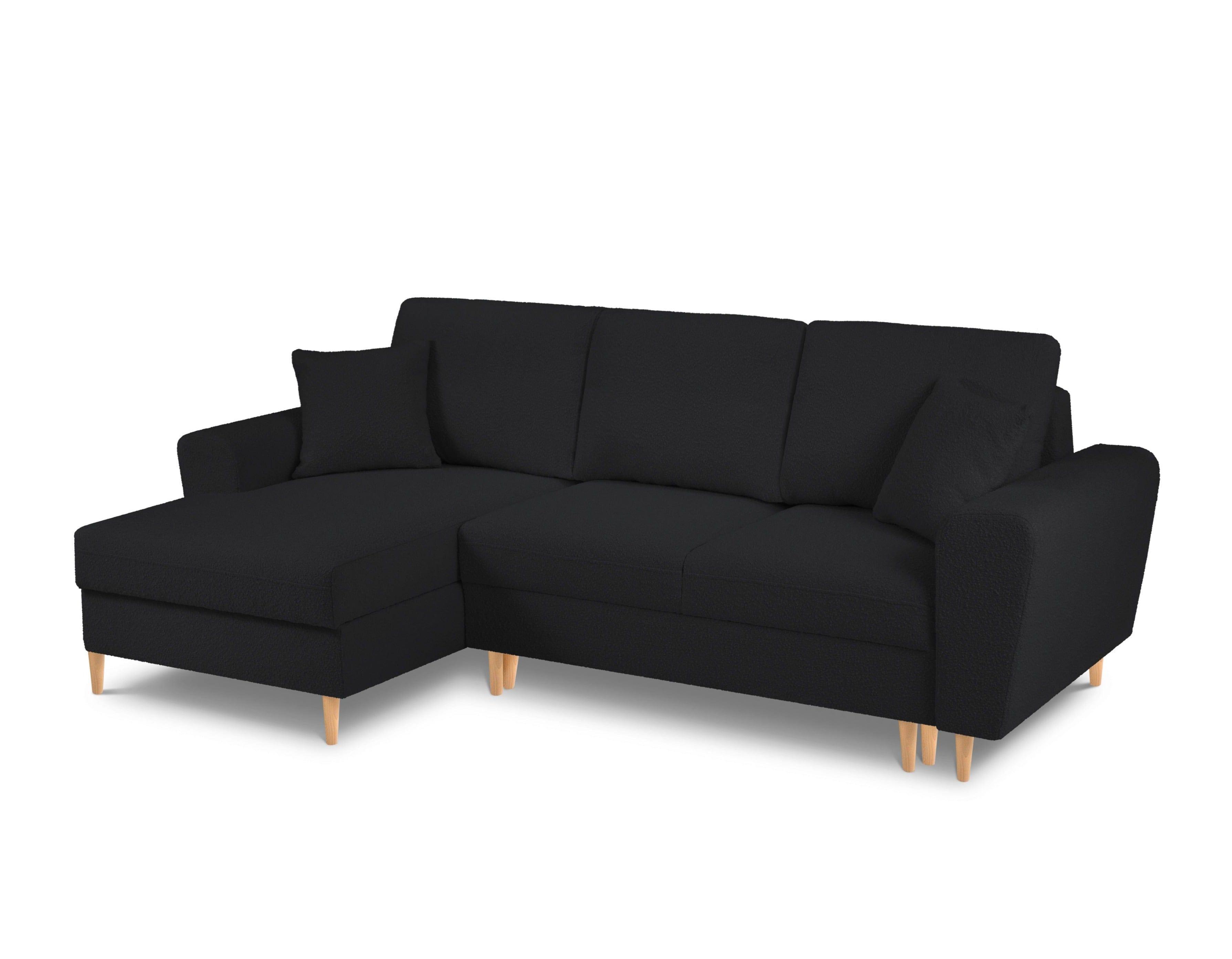 Narożnik lewostronny z funkcją spania KYOTO czarny bouclé z drewnianą podstawą Cosmopolitan Design Eye on Design