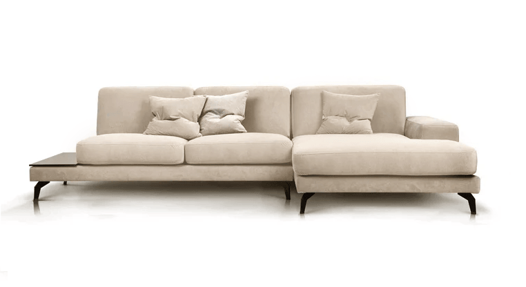 Narożnik prawostronny aksamitny ENJOY jasnobeżowy z czarną półką Rosanero Eye on Design