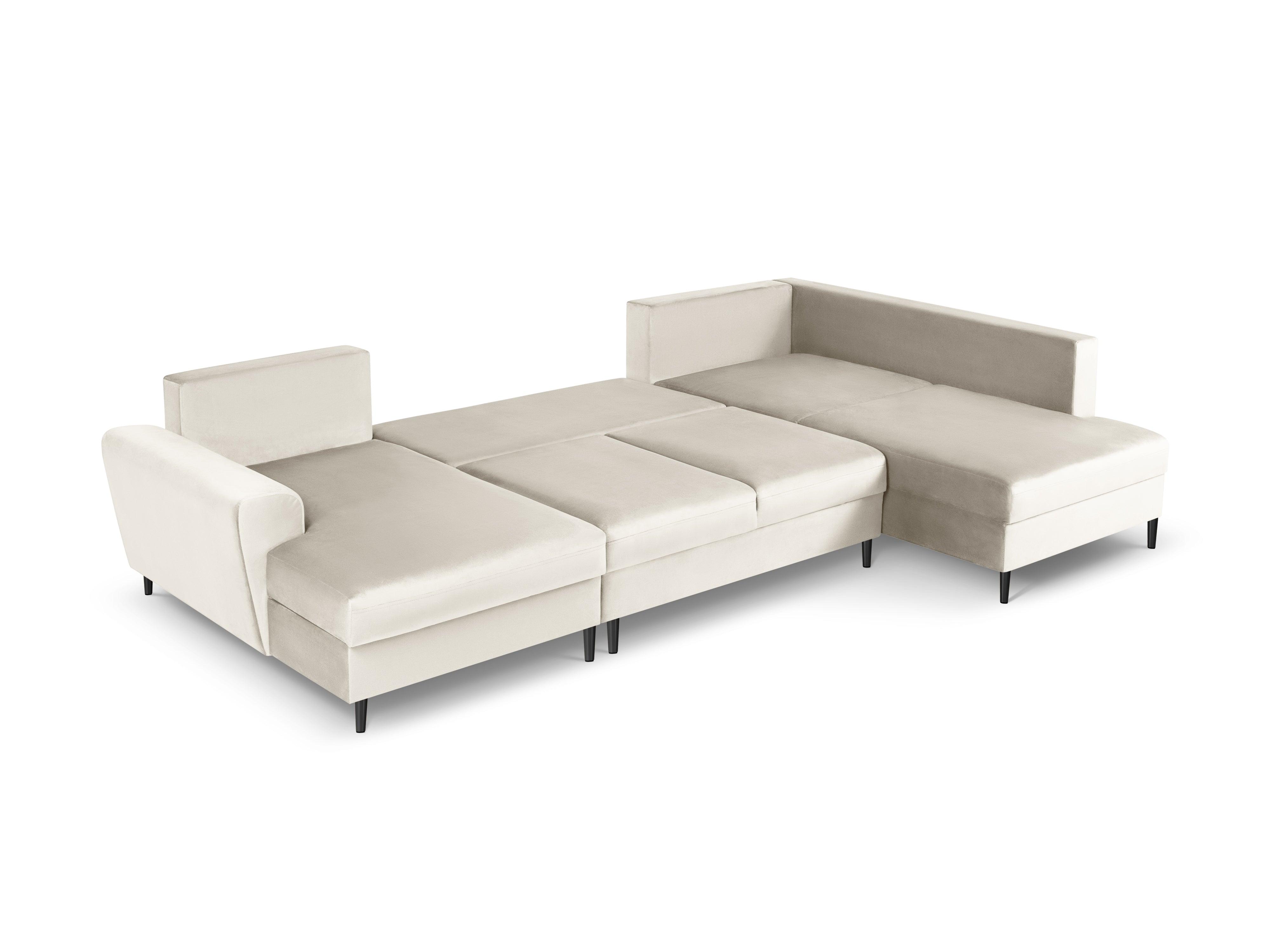 Narożnik prawostronny aksamitny panoramiczny z funkcją spania KYOTO beżowy z czarną podstawą Cosmopolitan Design Eye on Design