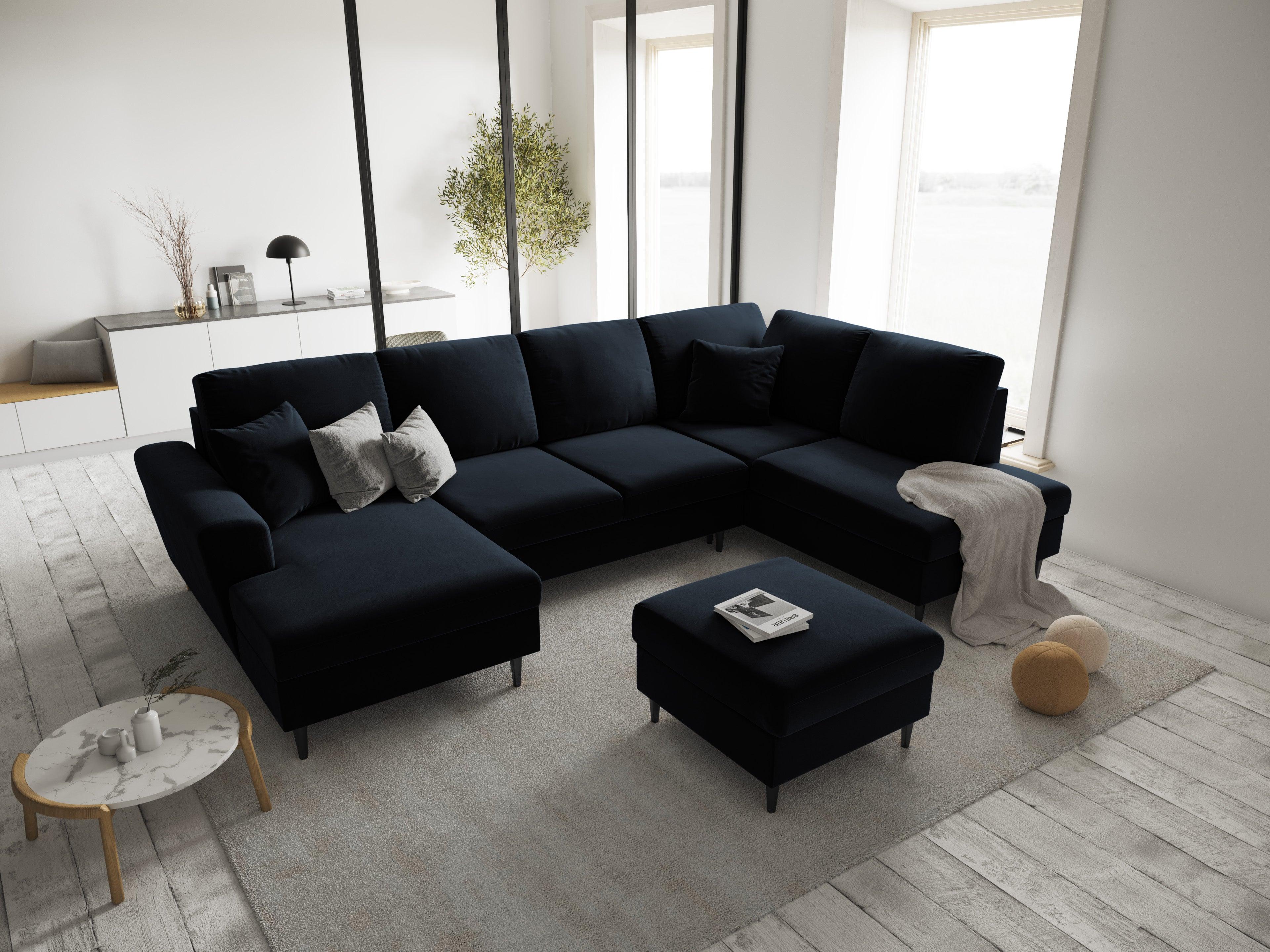 Narożnik prawostronny aksamitny panoramiczny z funkcją spania KYOTO ciemnoniebieski z czarną podstawą Cosmopolitan Design Eye on Design