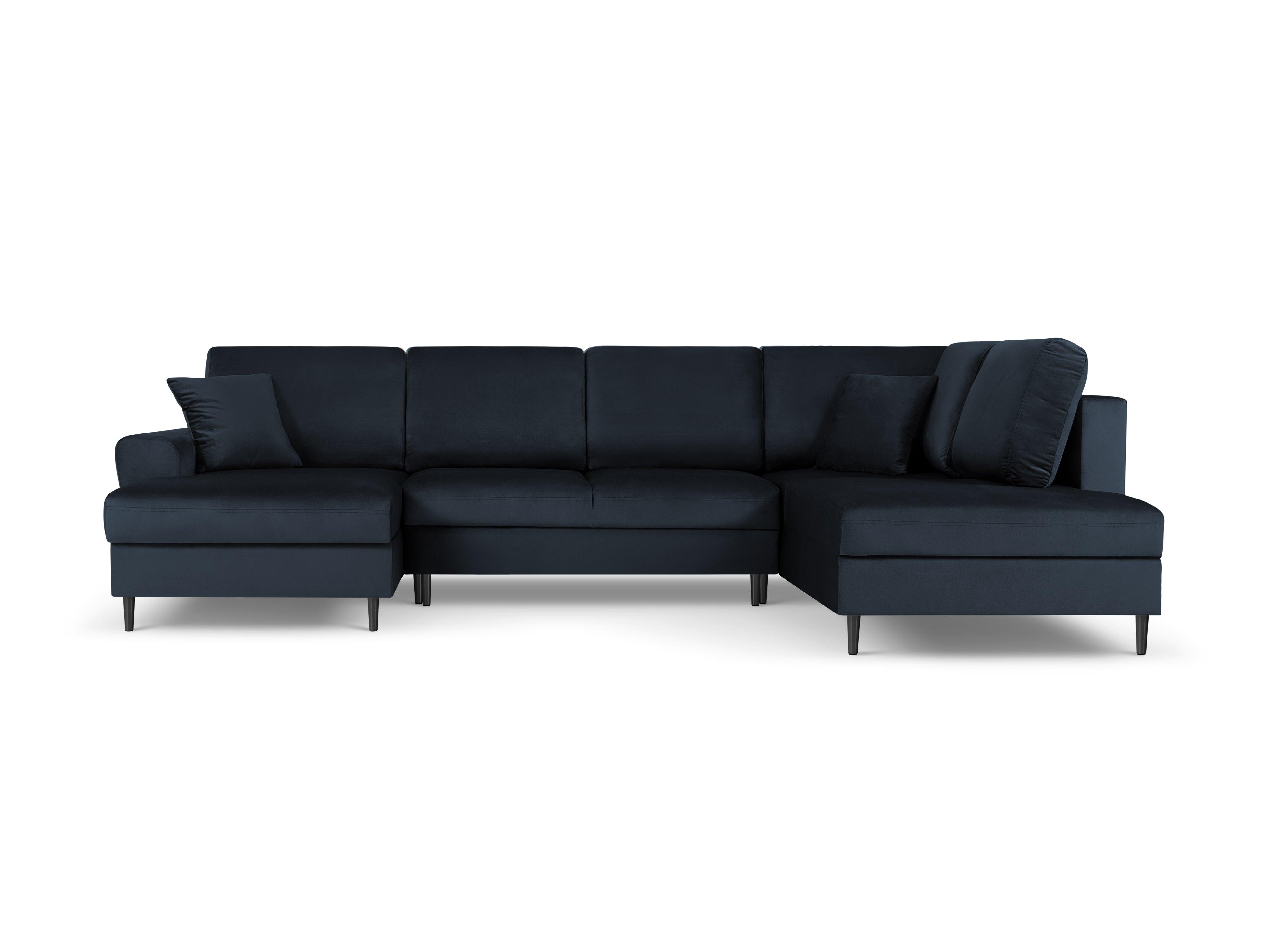 Narożnik prawostronny aksamitny panoramiczny z funkcją spania KYOTO ciemnoniebieski z czarną podstawą Cosmopolitan Design Eye on Design