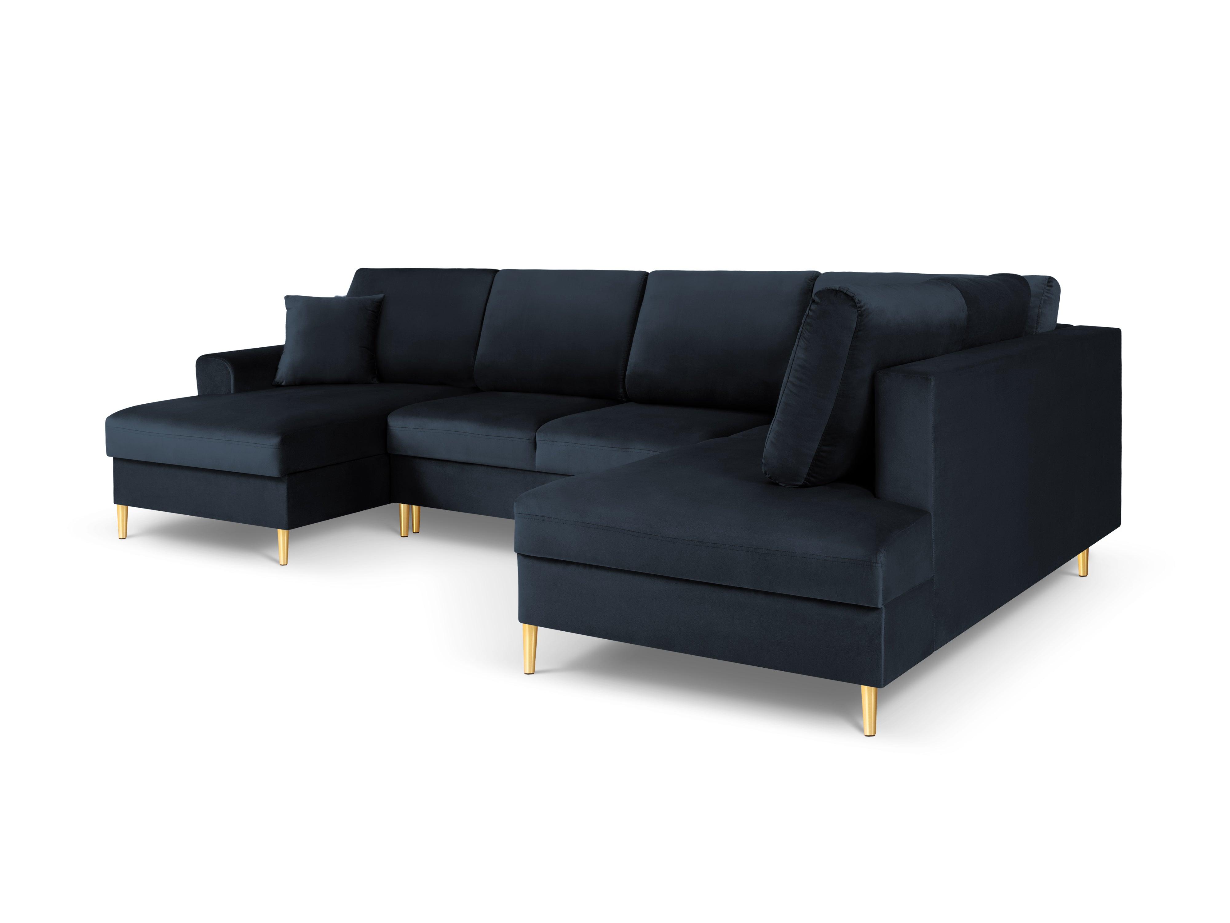 Narożnik prawostronny aksamitny panoramiczny z funkcją spania KYOTO ciemnoniebieski ze złotą podstawą Cosmopolitan Design Eye on Design