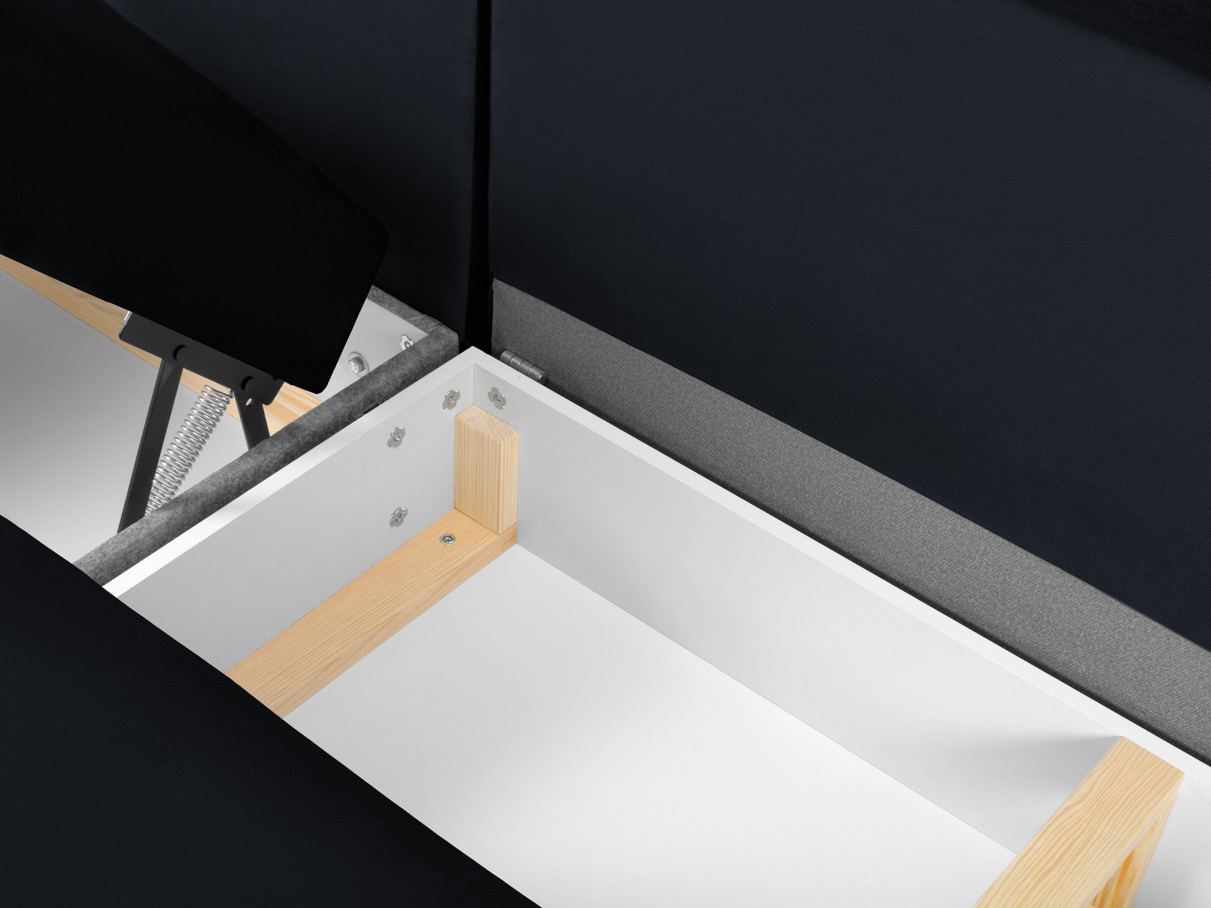 Narożnik prawostronny aksamitny panoramiczny z funkcją spania KYOTO ciemnoniebieski ze złotą podstawą Cosmopolitan Design Eye on Design