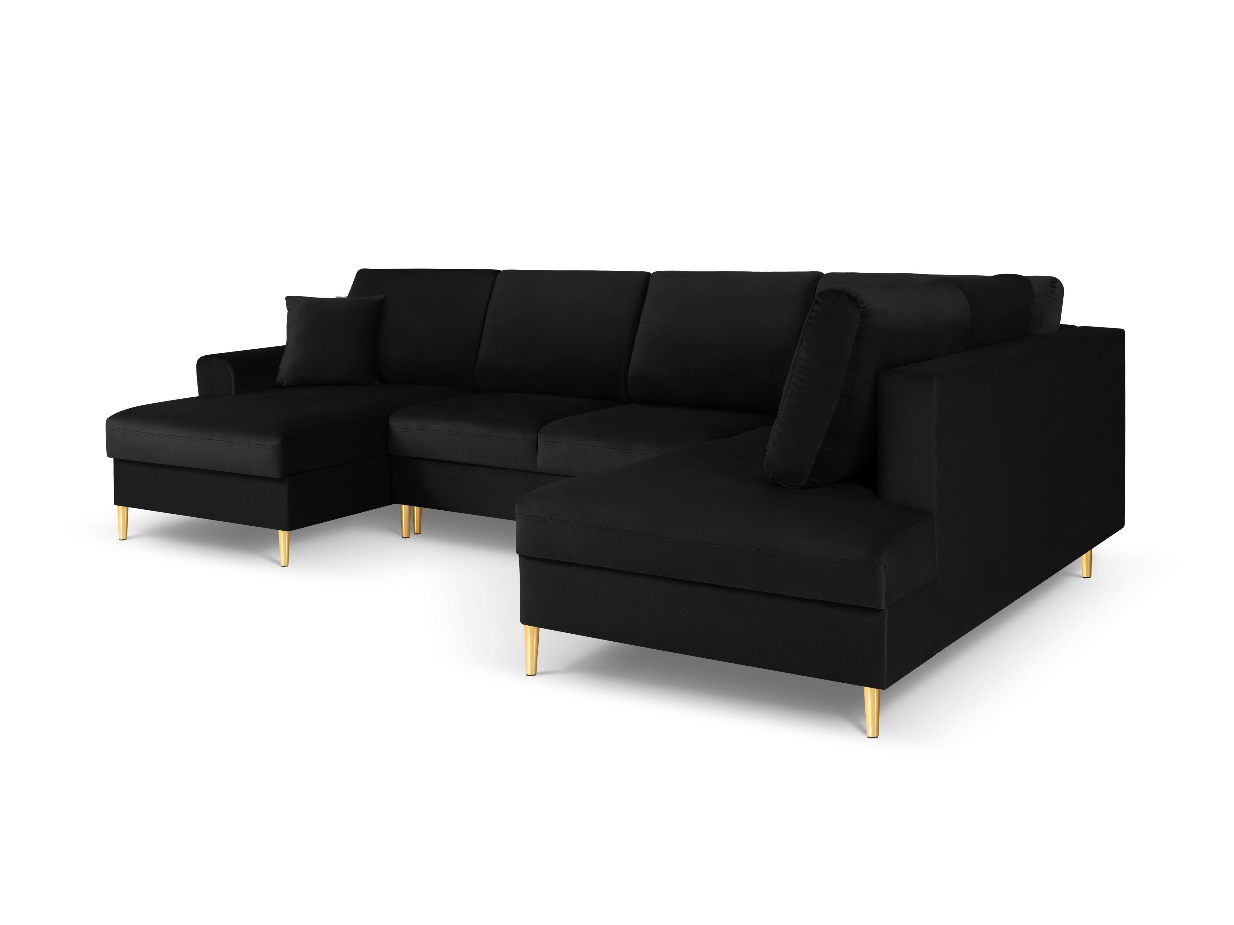 Narożnik prawostronny aksamitny panoramiczny z funkcją spania KYOTO czarny ze złotą podstawą Cosmopolitan Design Eye on Design