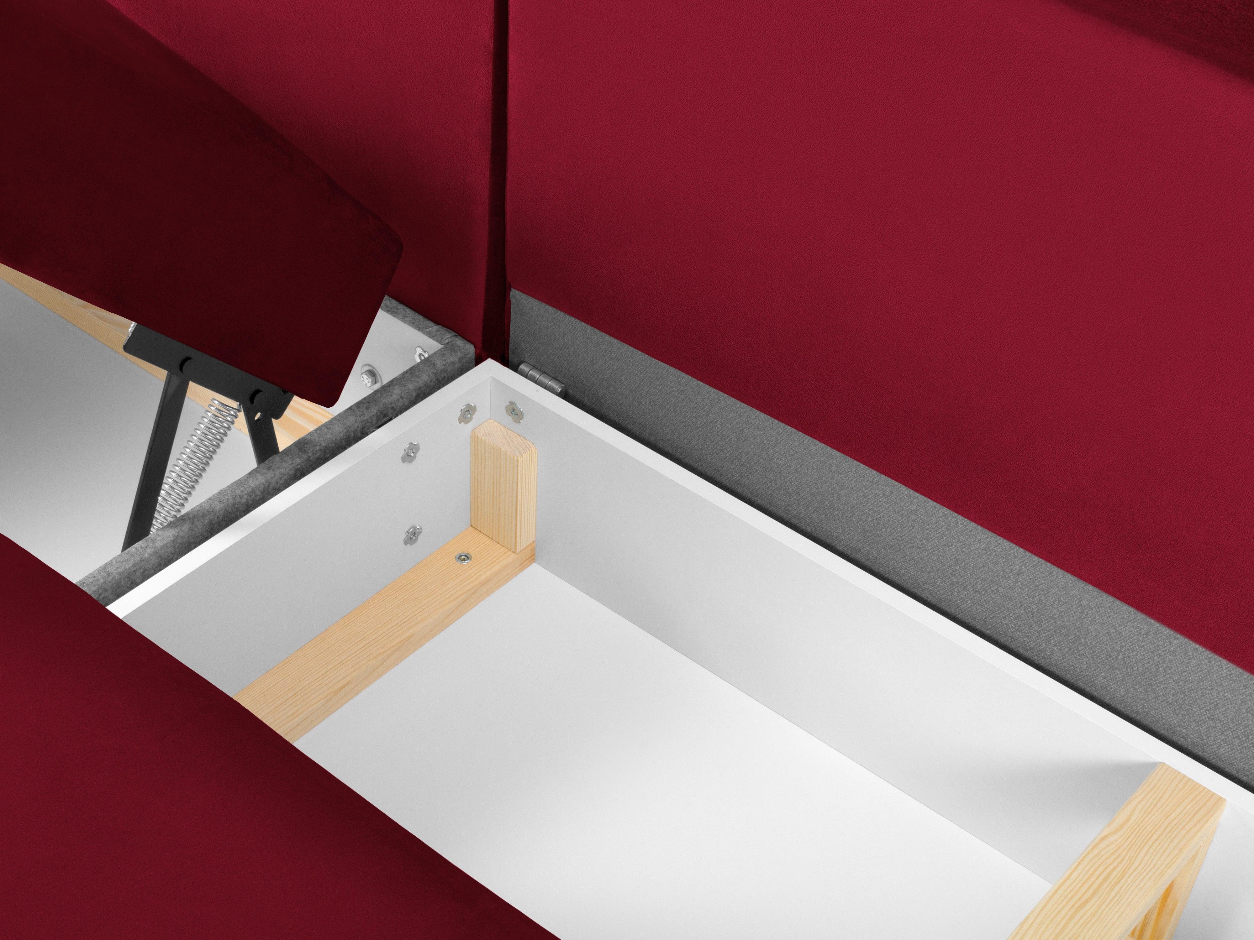 Narożnik prawostronny aksamitny panoramiczny z funkcją spania KYOTO czerwony z czarną podstawą Cosmopolitan Design Eye on Design