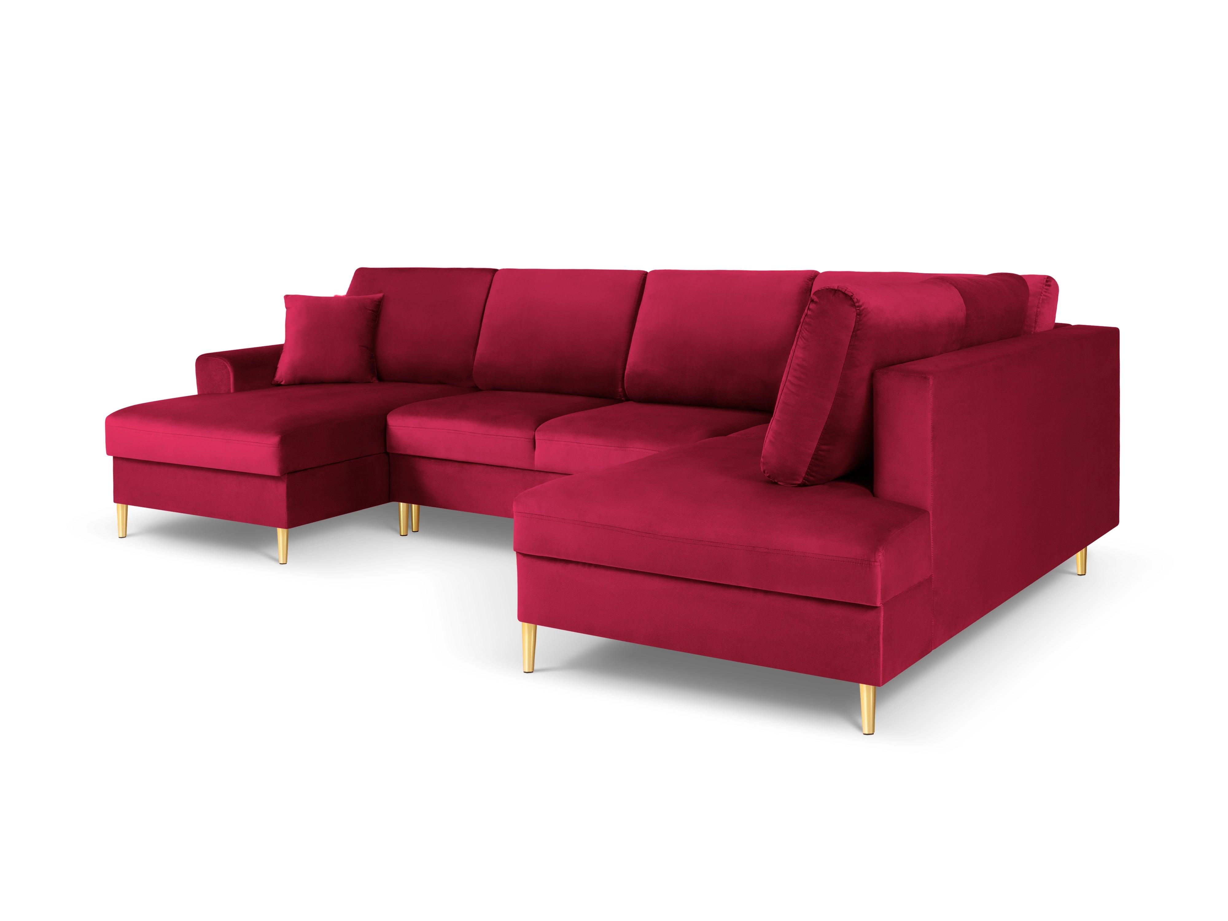 Narożnik prawostronny aksamitny panoramiczny z funkcją spania KYOTO czerwony ze złotą podstawą Cosmopolitan Design Eye on Design